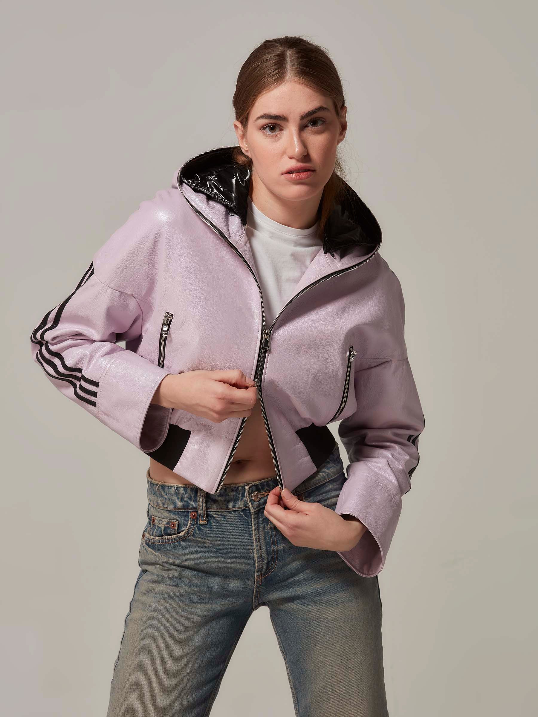 Light Purple Cropped Sports Leather Jacket with Hood front pose