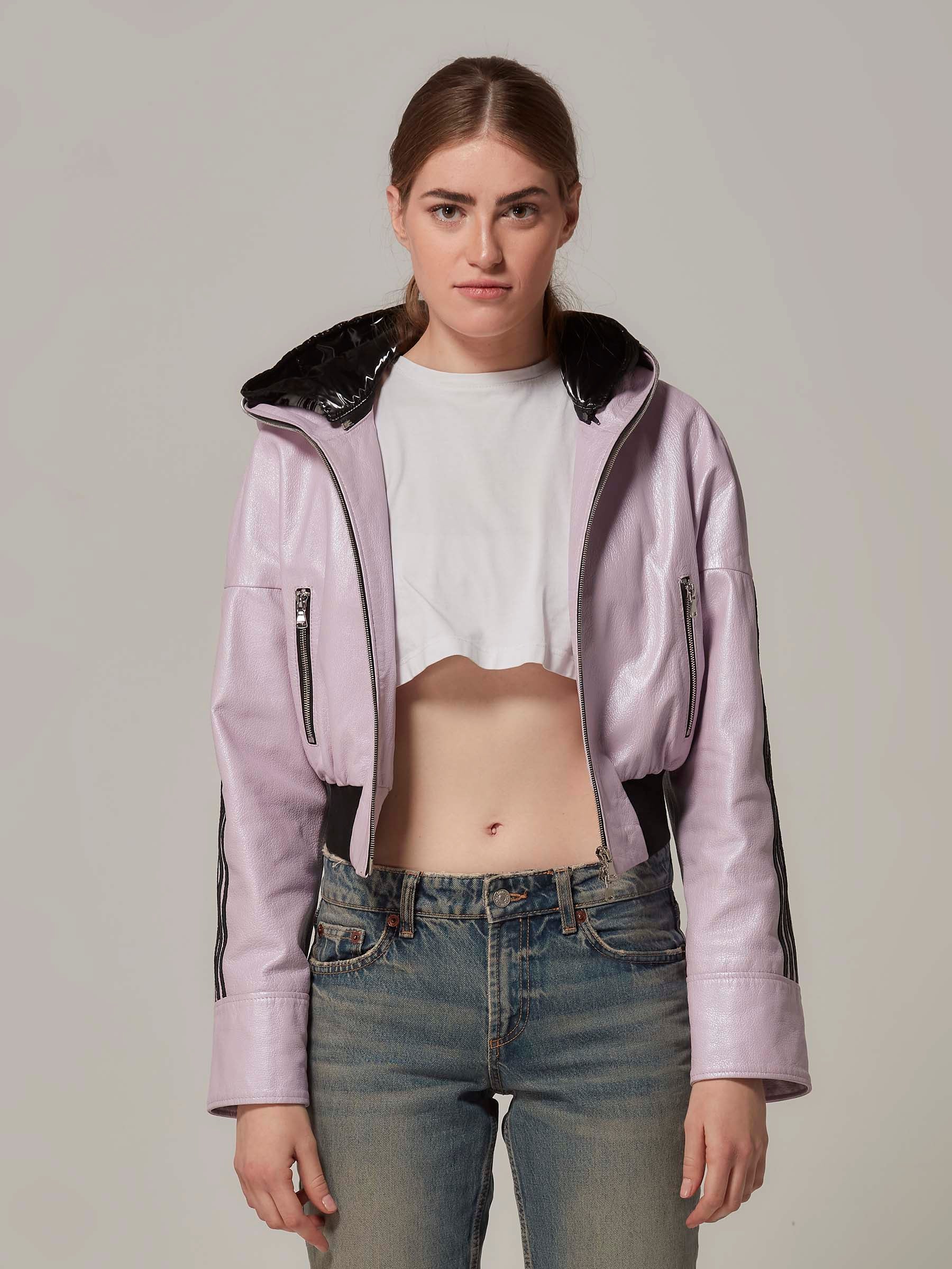 Light Purple Cropped Sports Leather Jacket with Hood front close up pose