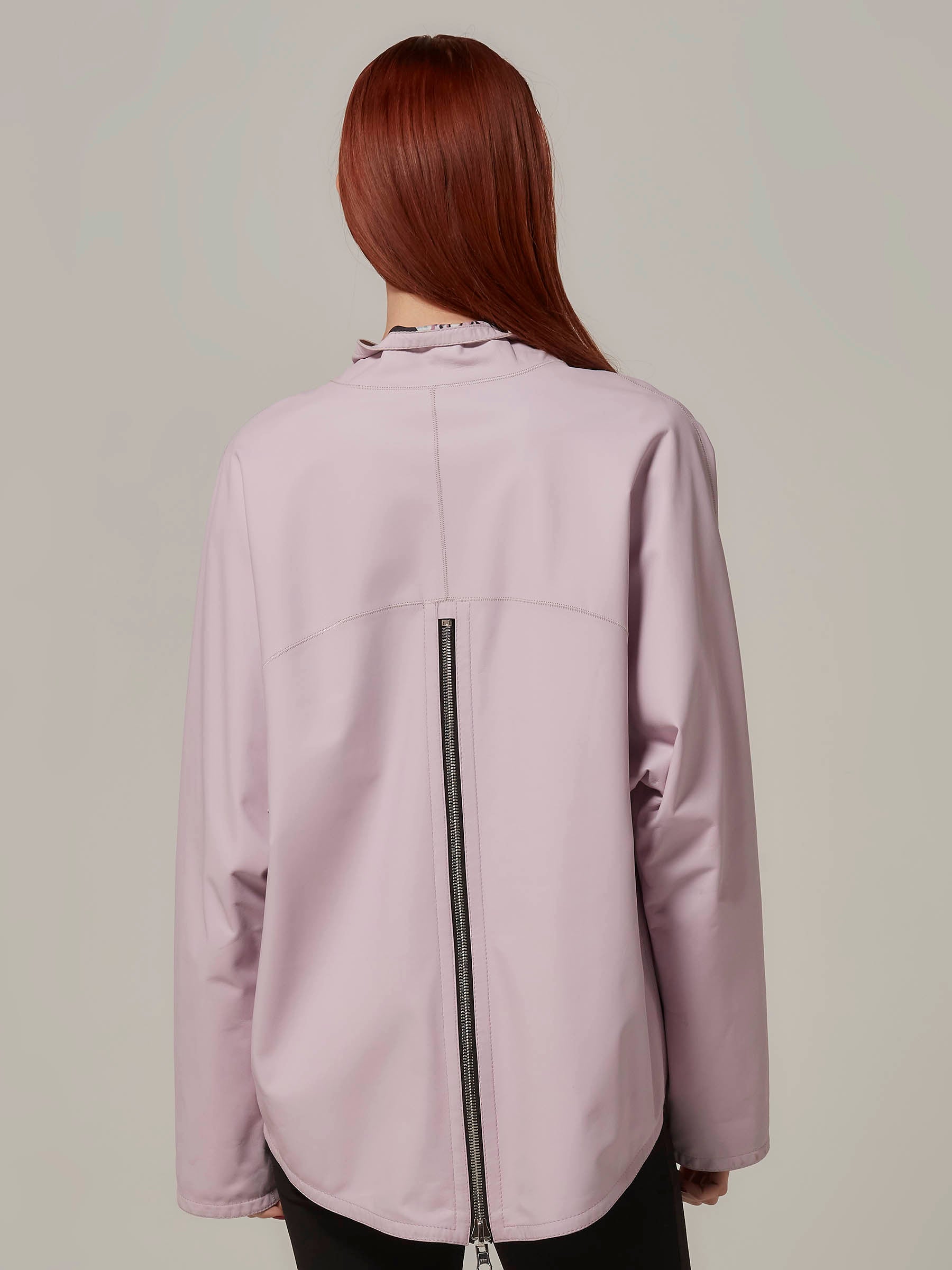 Light Purple Cropped Sports Leather Jacket with Hood back pose close up