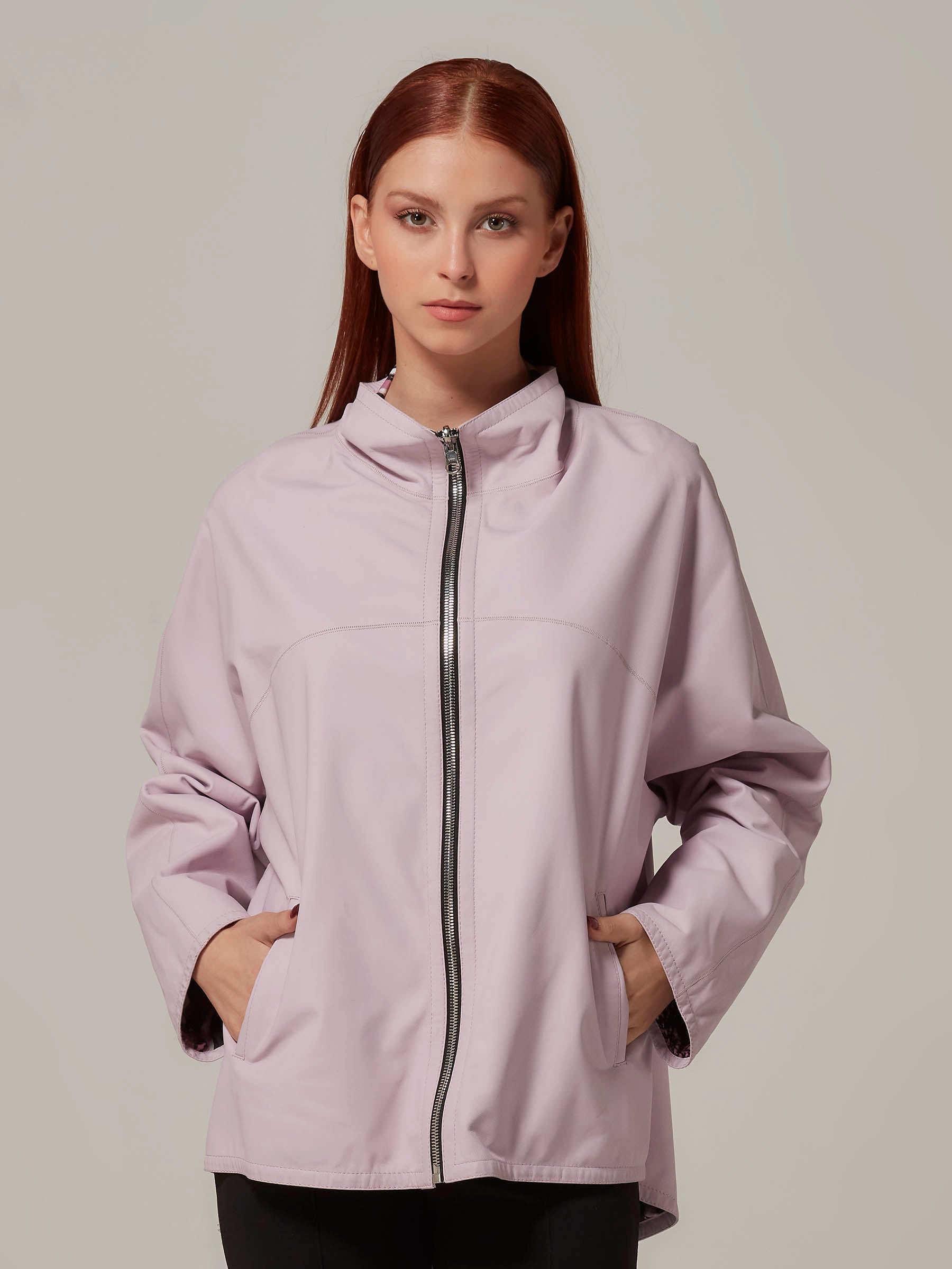 Light Purple Cropped Sports Leather Jacket with Hood front pose close up