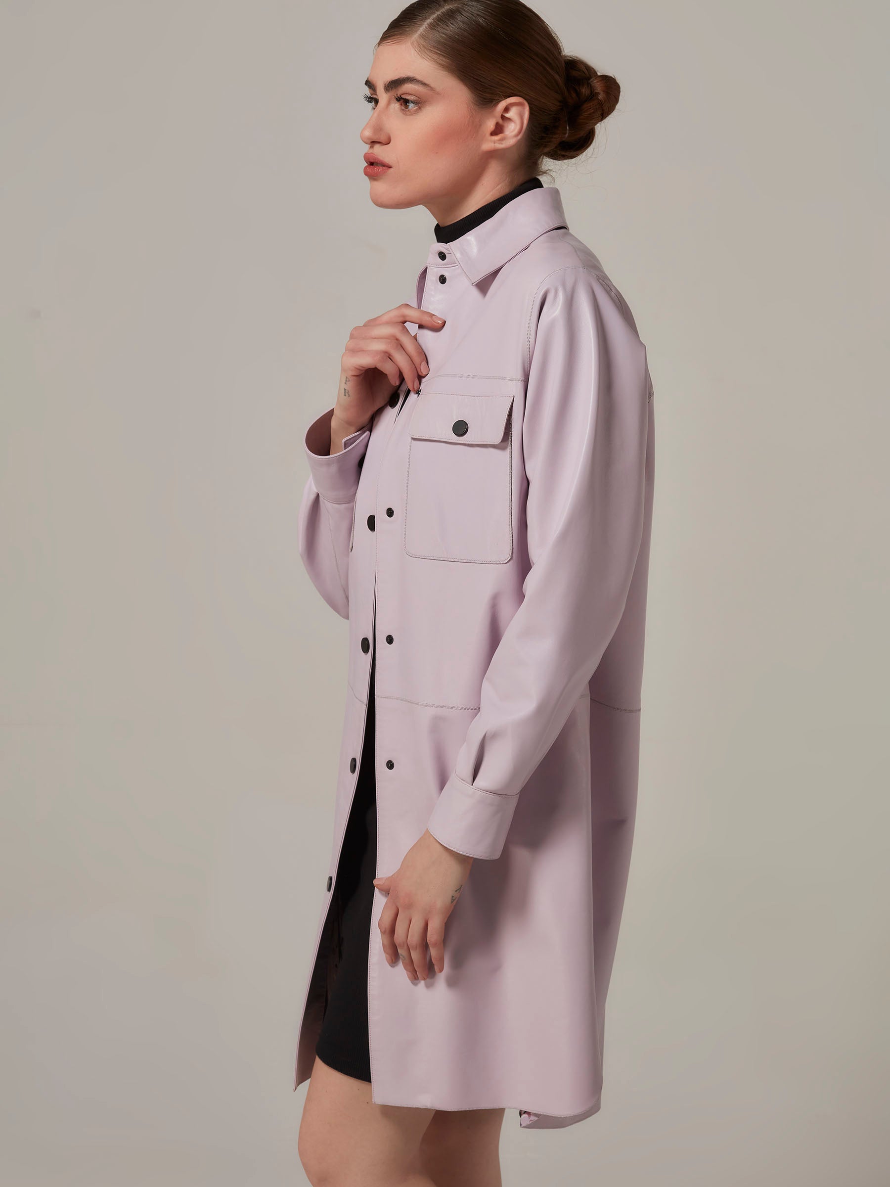 Light Purple Leather Shirt Jacket side pose 