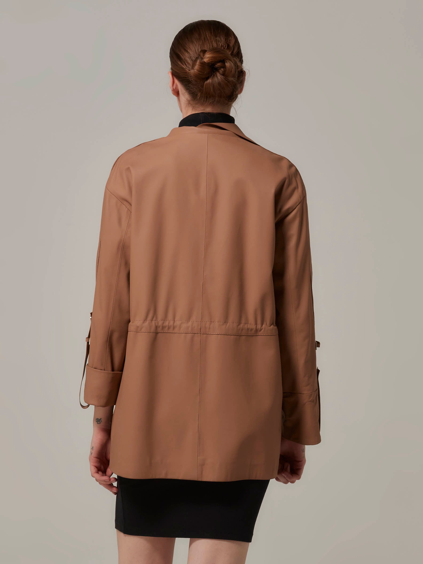 Matte Brown Leather Jacket Trench Coat Variation back pose