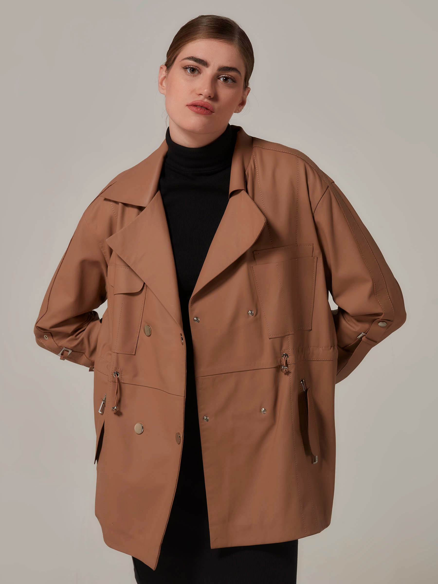 Matte Brown Leather Jacket Trench Coat Variation front close up