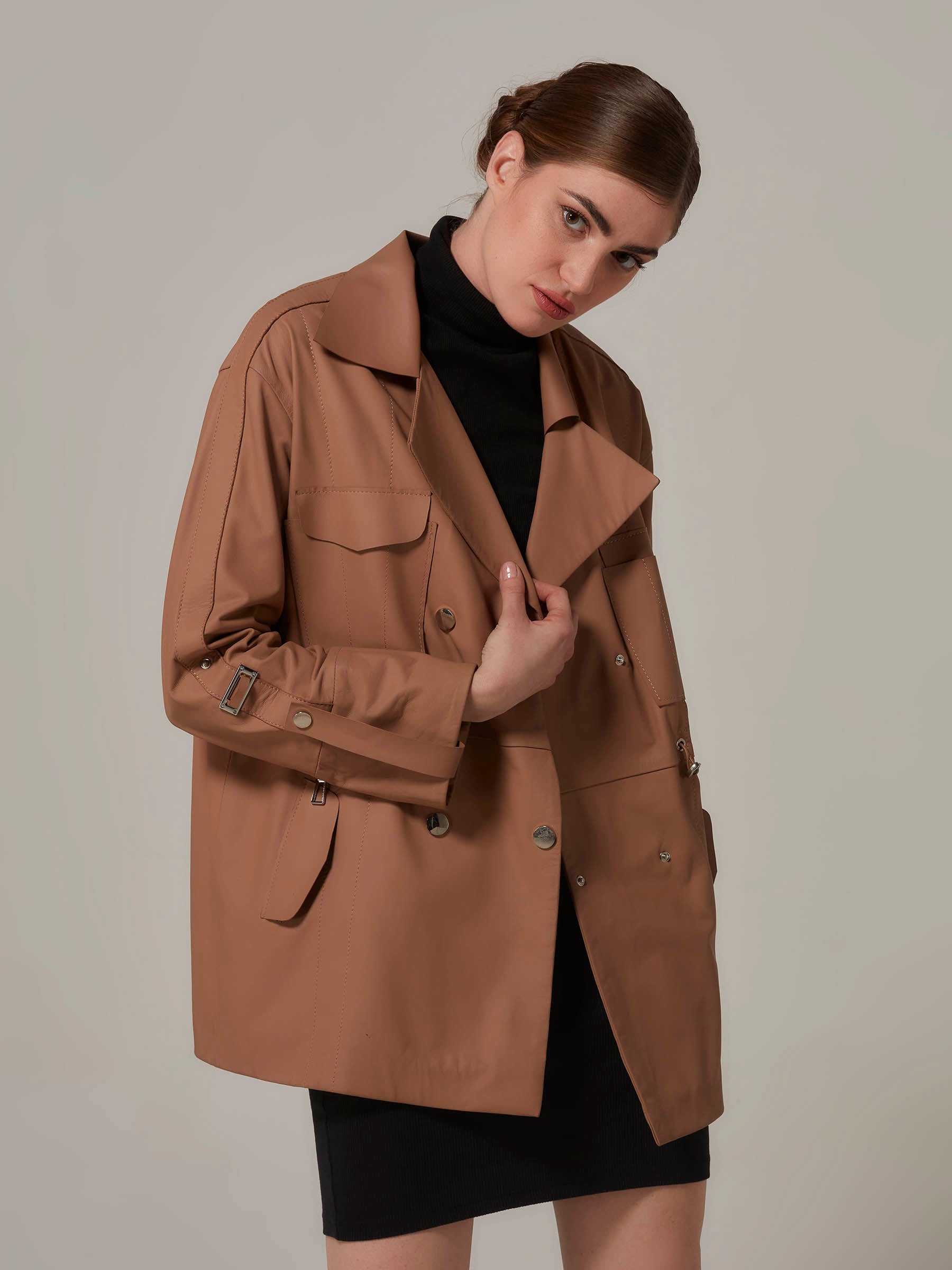 Matte Brown Leather Jacket Trench Coat Variation front pose