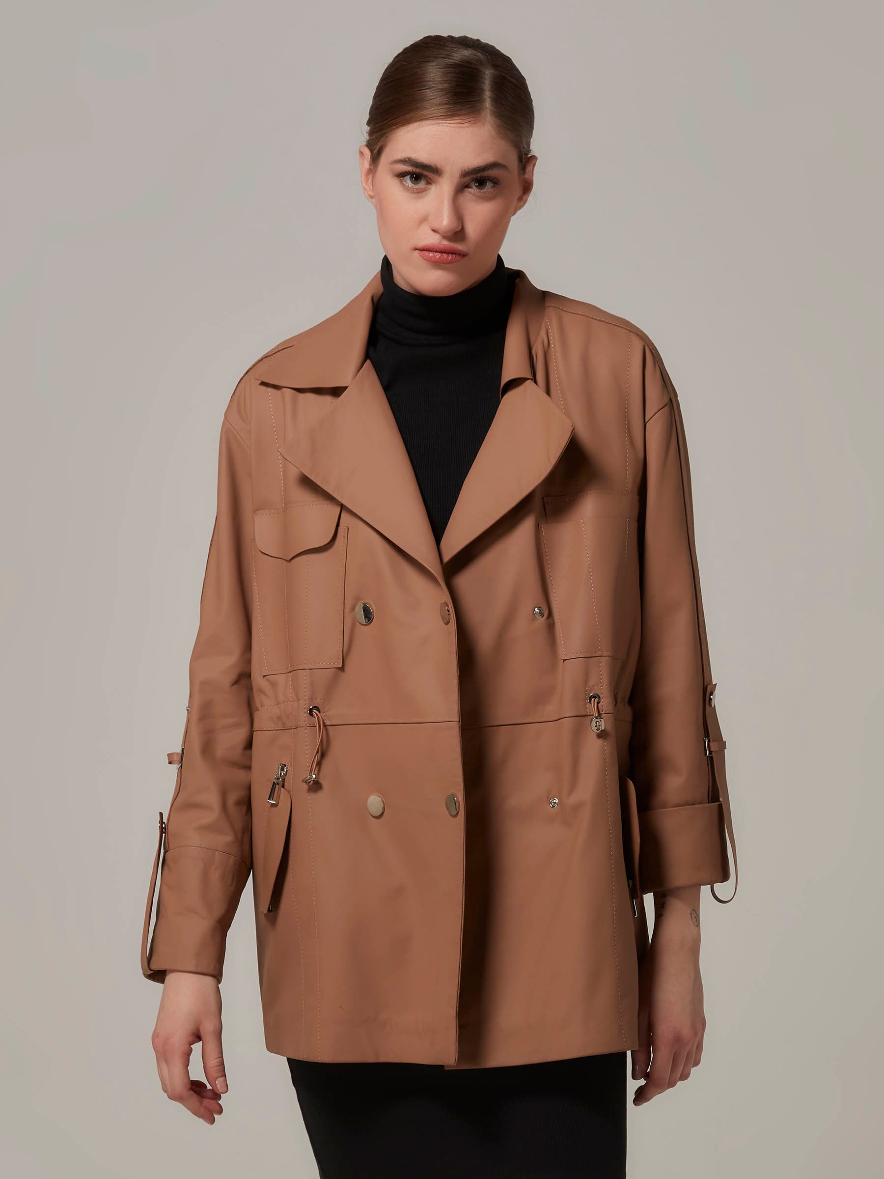 Matte Brown Leather Jacket Trench Coat Variation front