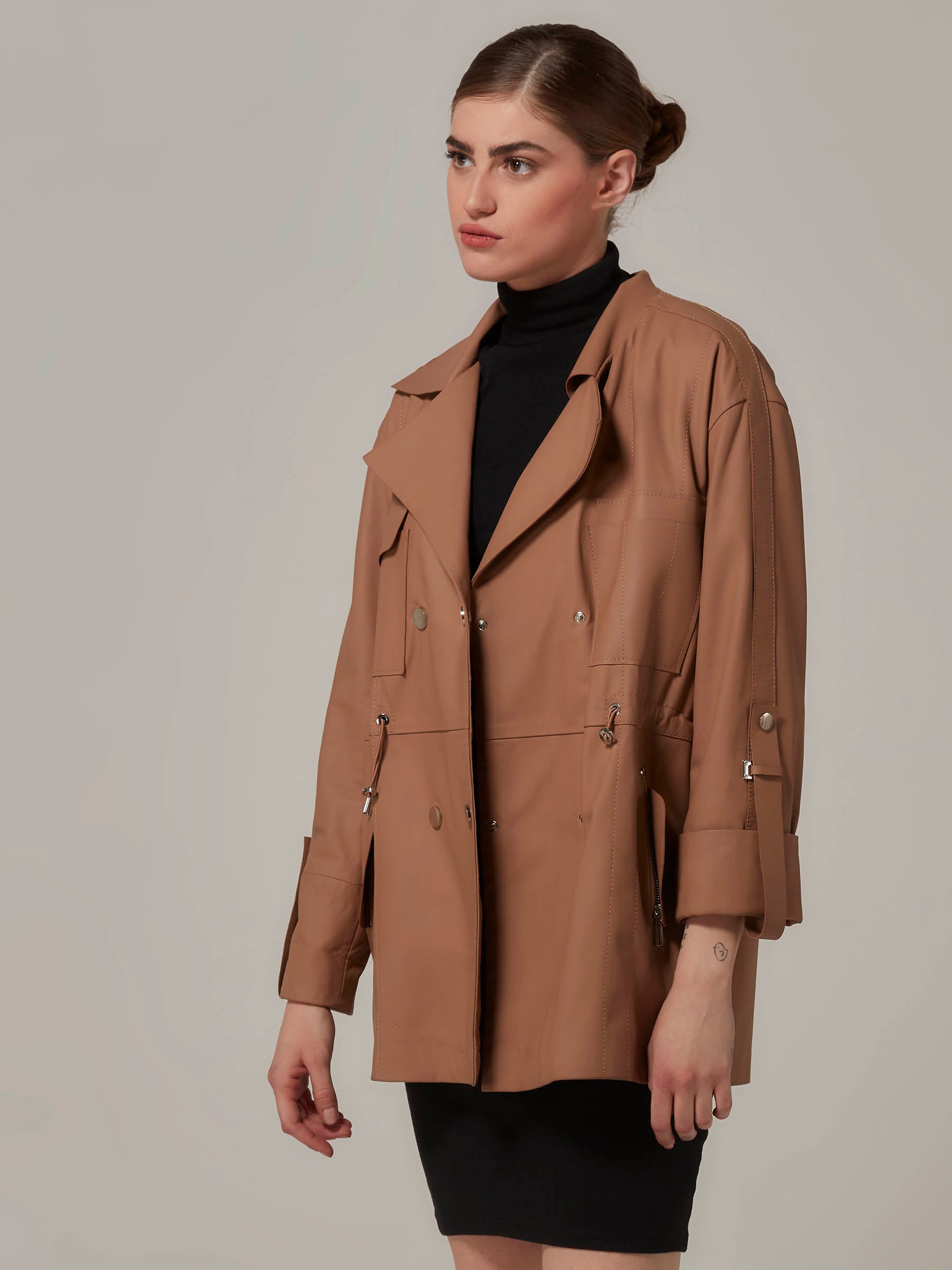 Matte Brown Leather Jacket Trench Coat Variation side pose