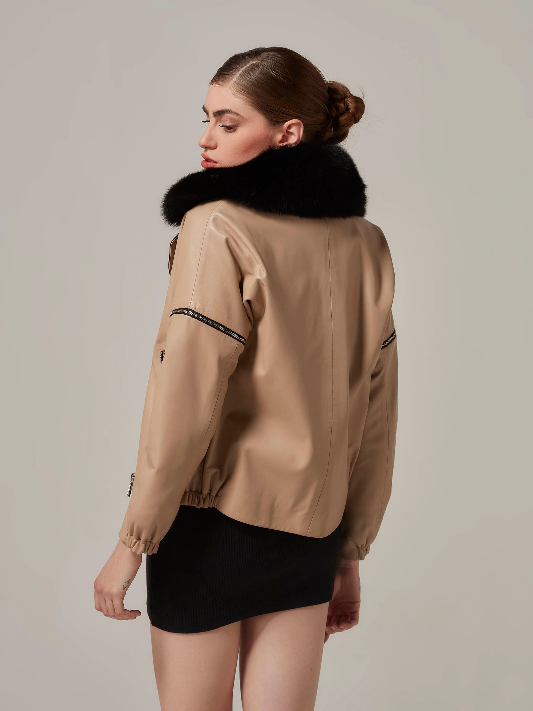 Light Brown Leather Biker Jacket with Preforated Details back pose