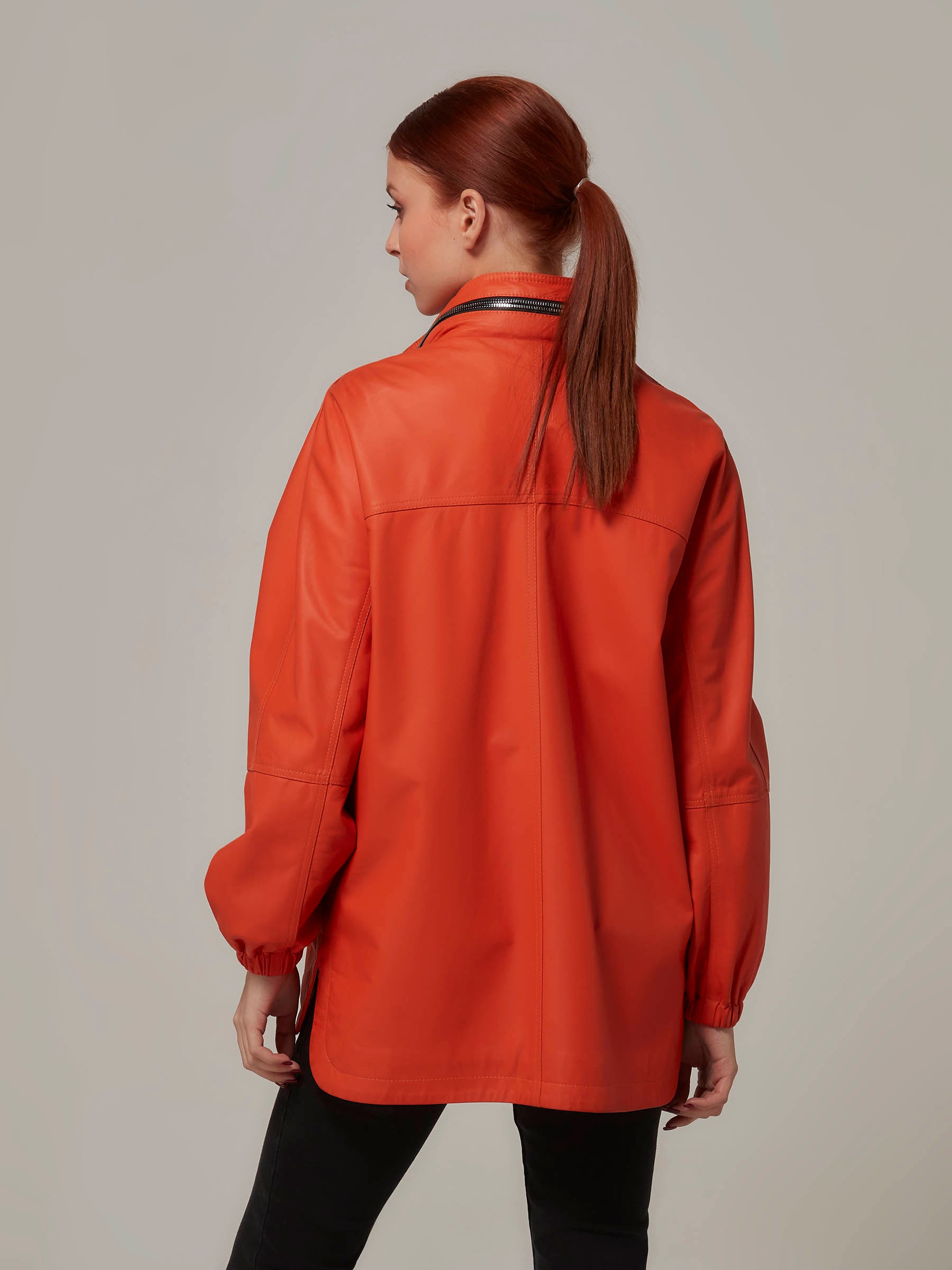 Matte Orange Leather Jacket with Hood Minimalist Design back pose