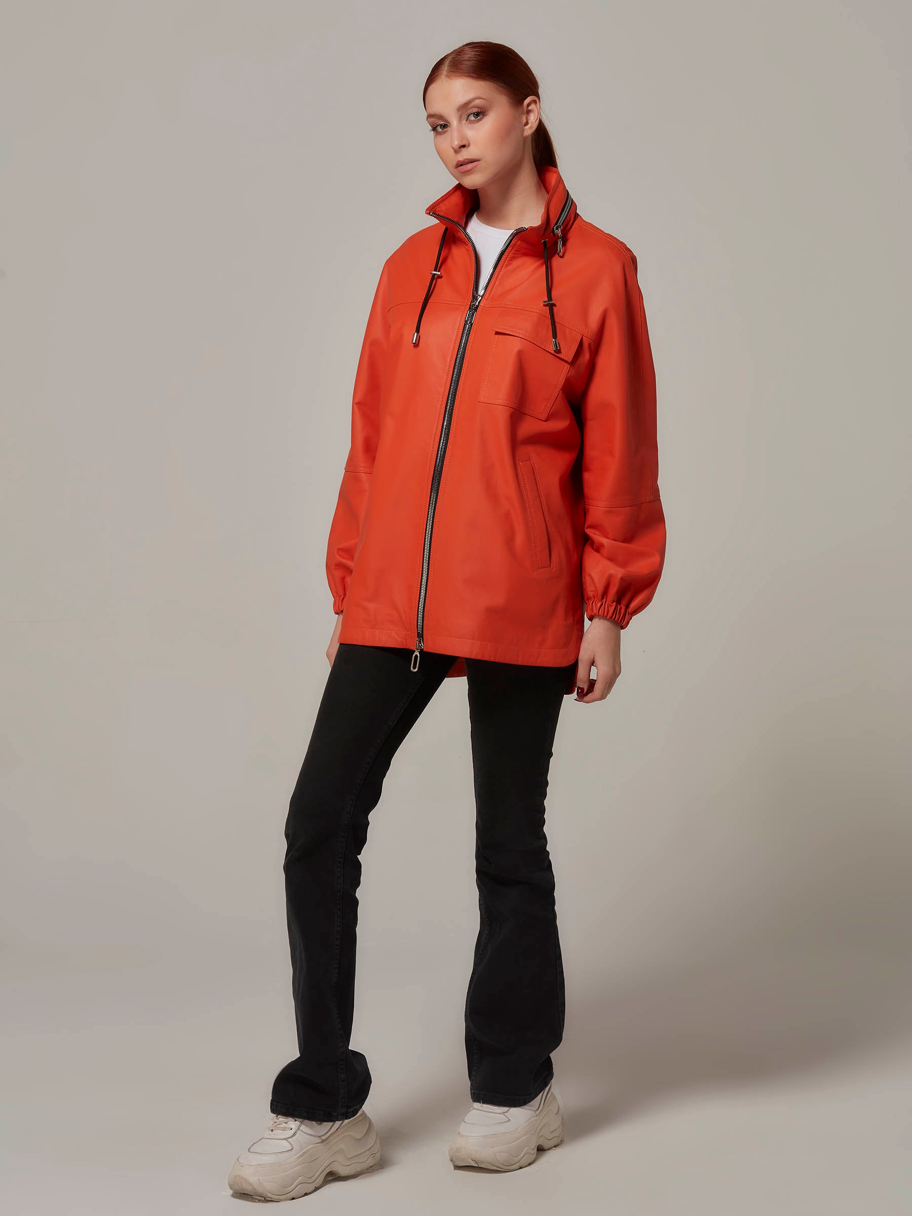 Matte Orange Leather Jacket with Hood Minimalist Design front full length