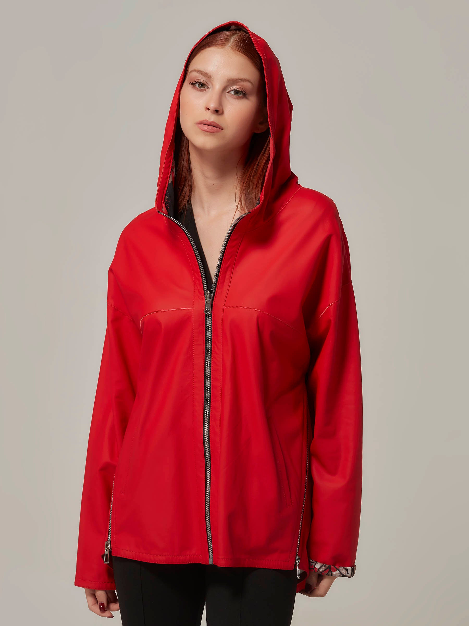 Matte Red Dobule Sided Leather Jacket with Hood front pose  close up