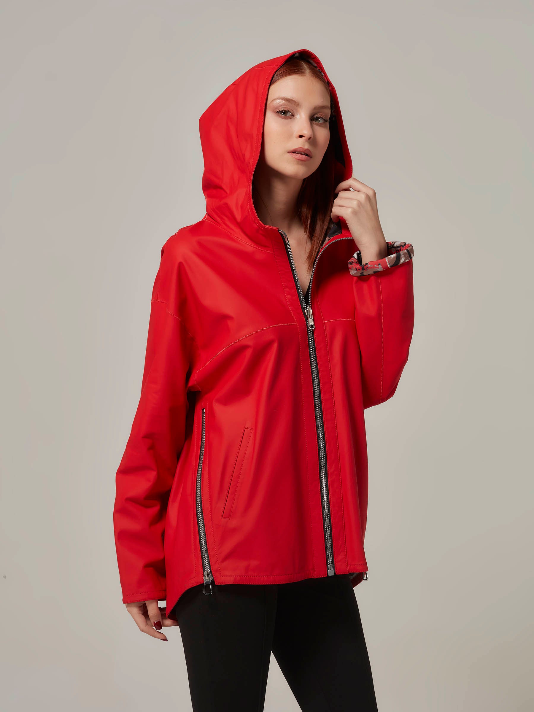 Matte Red Dobule Sided Leather Jacket with Hood front pose