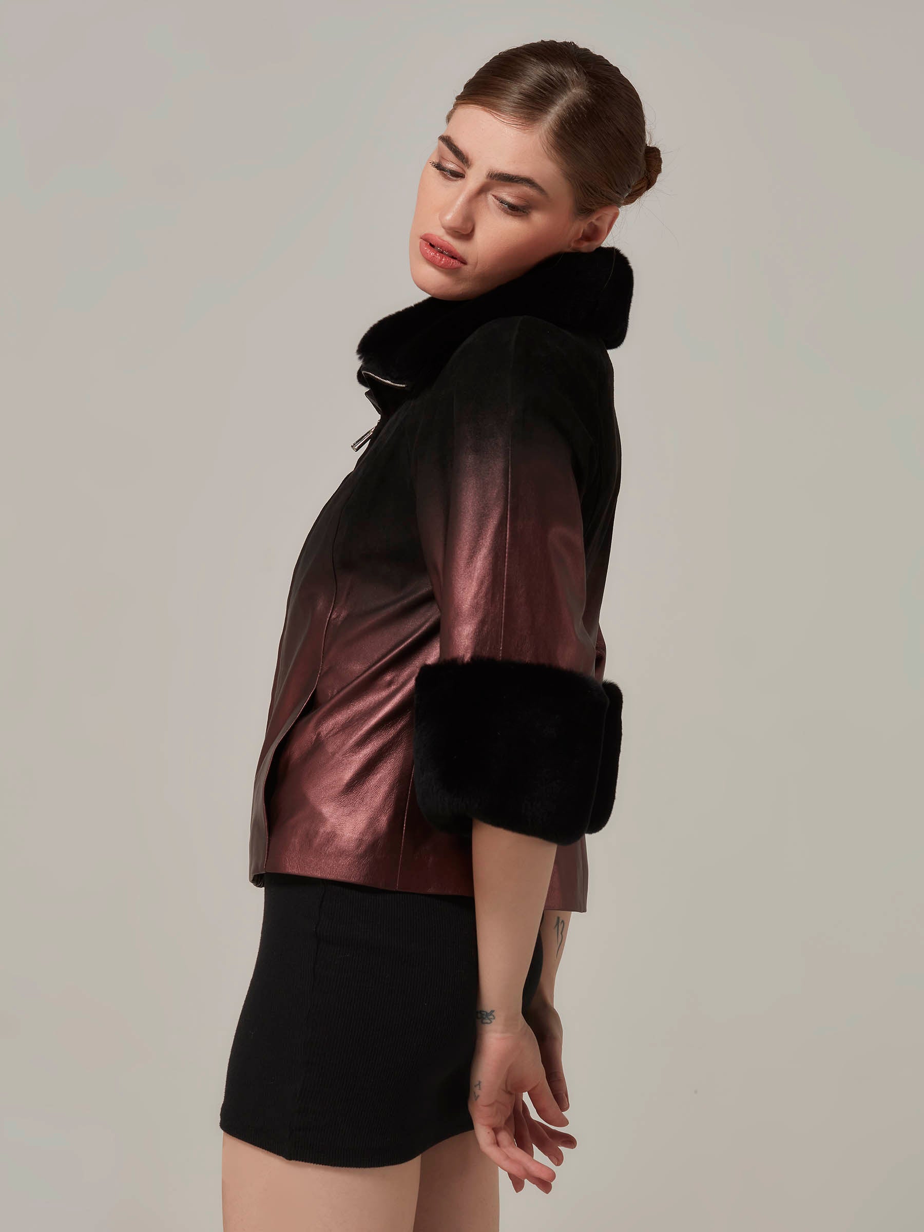 Copper Leather Black Suede Gradient Jacket - Rex Fur Details | GORGONS