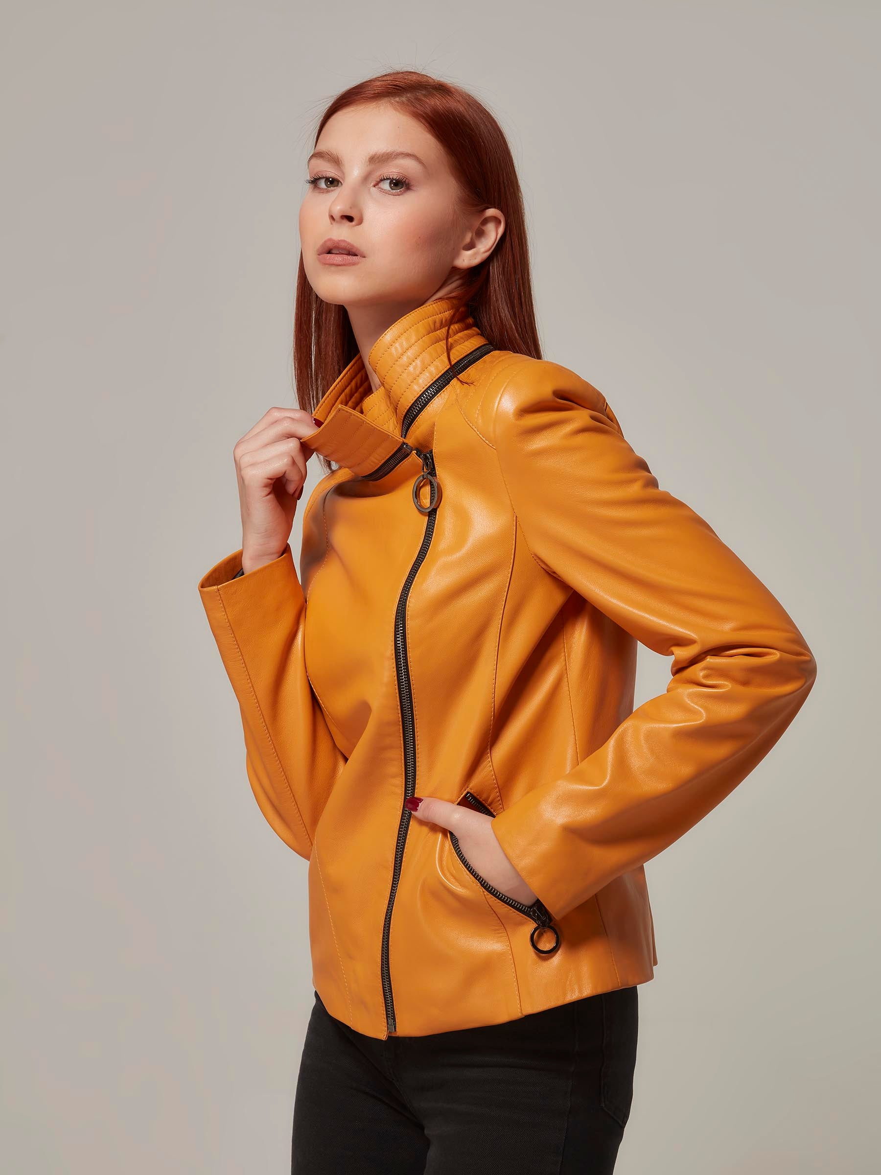 Orange Leather Versatile Jacket Hood or Collar Transform Your Style