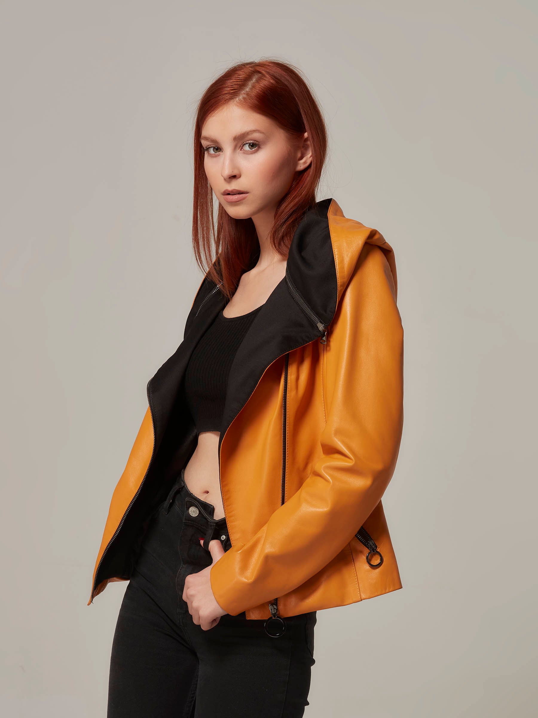 Orange Leather Versatile Jacket Hood or Collar Transform Your Style