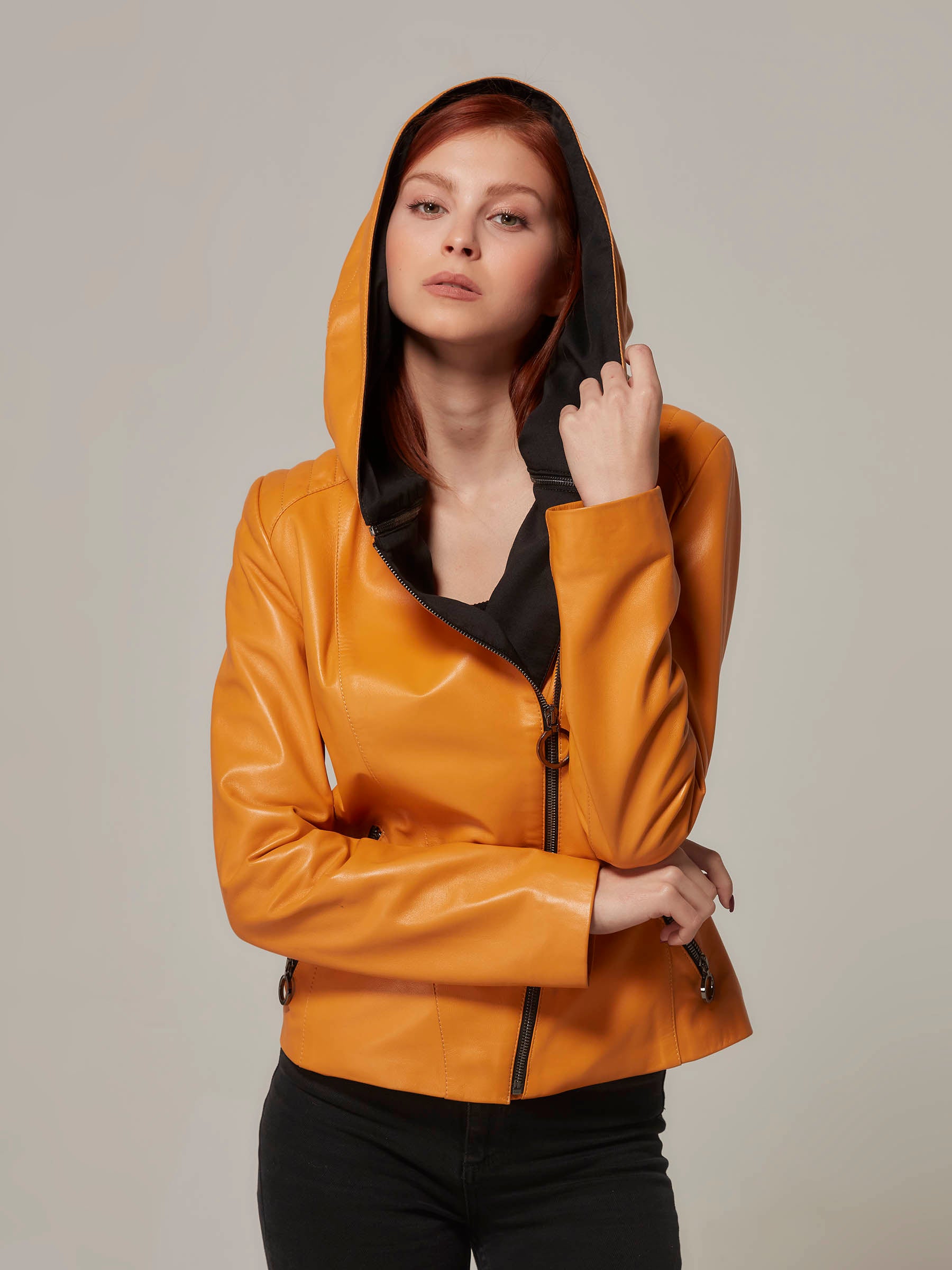 Orange Leather Versatile Jacket Hood or Collar Transform Your Style