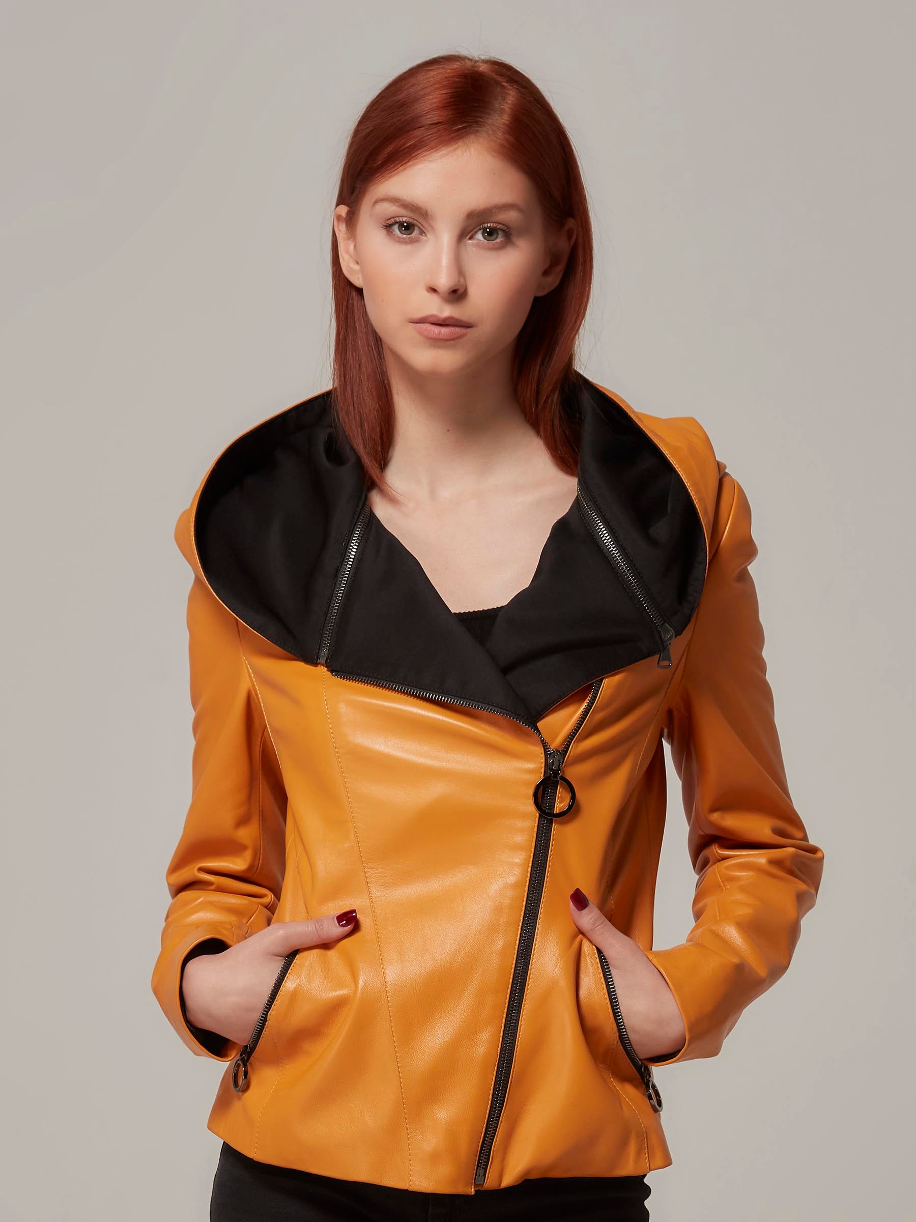 Orange Leather Versatile Jacket Hood or Collar Transform Your Style