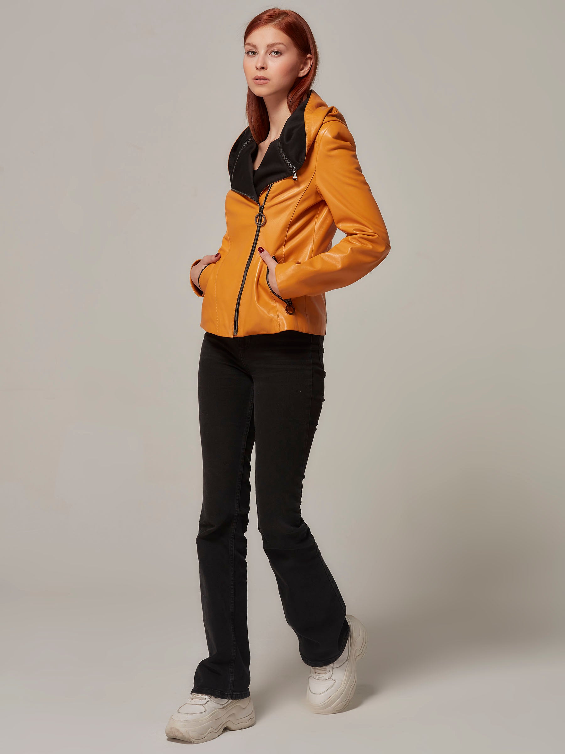 Orange Leather Versatile Jacket Hood or Collar Transform Your Style