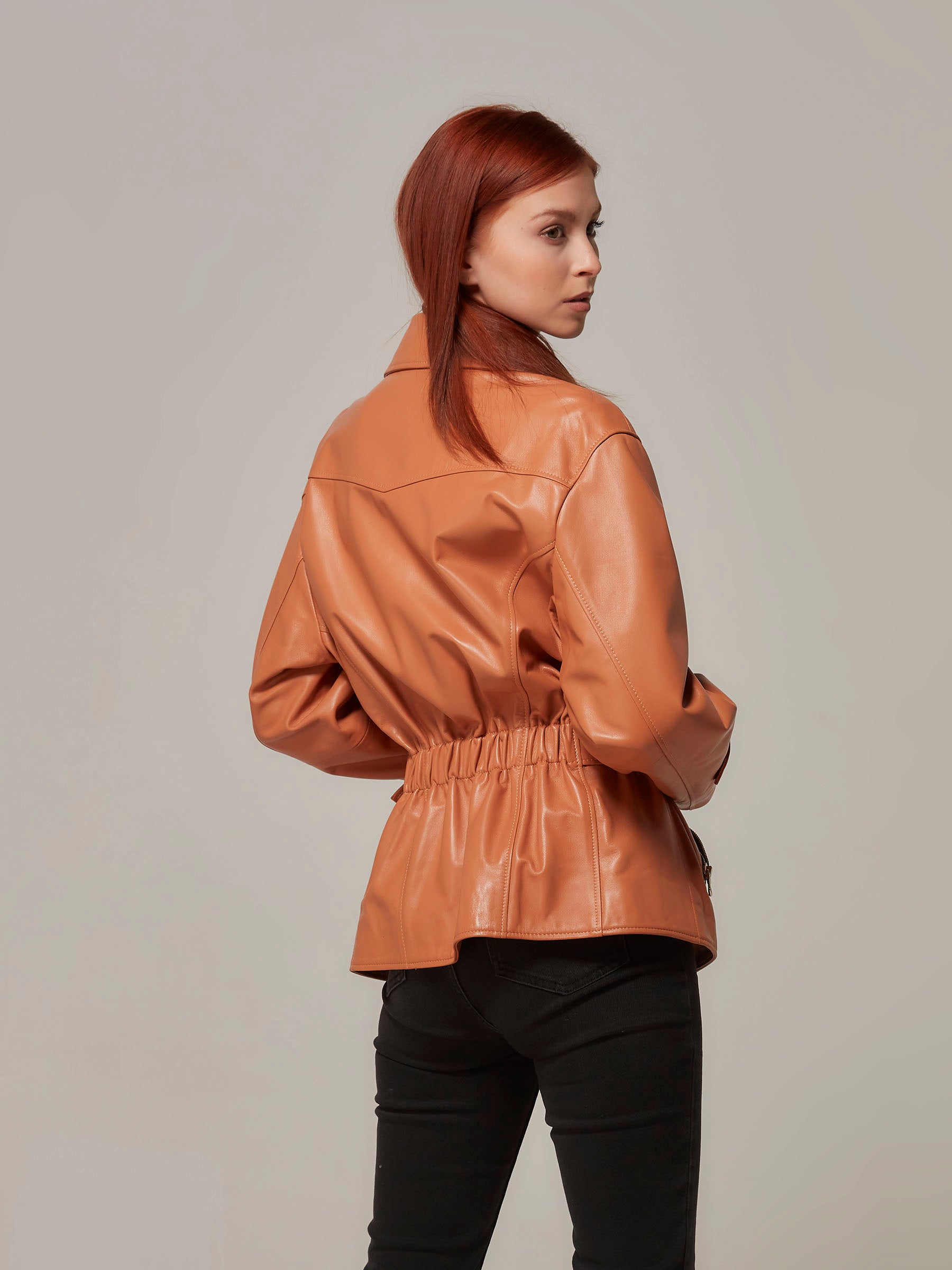 Orange Leather Motorcycle Jacket - Retro Style back pose