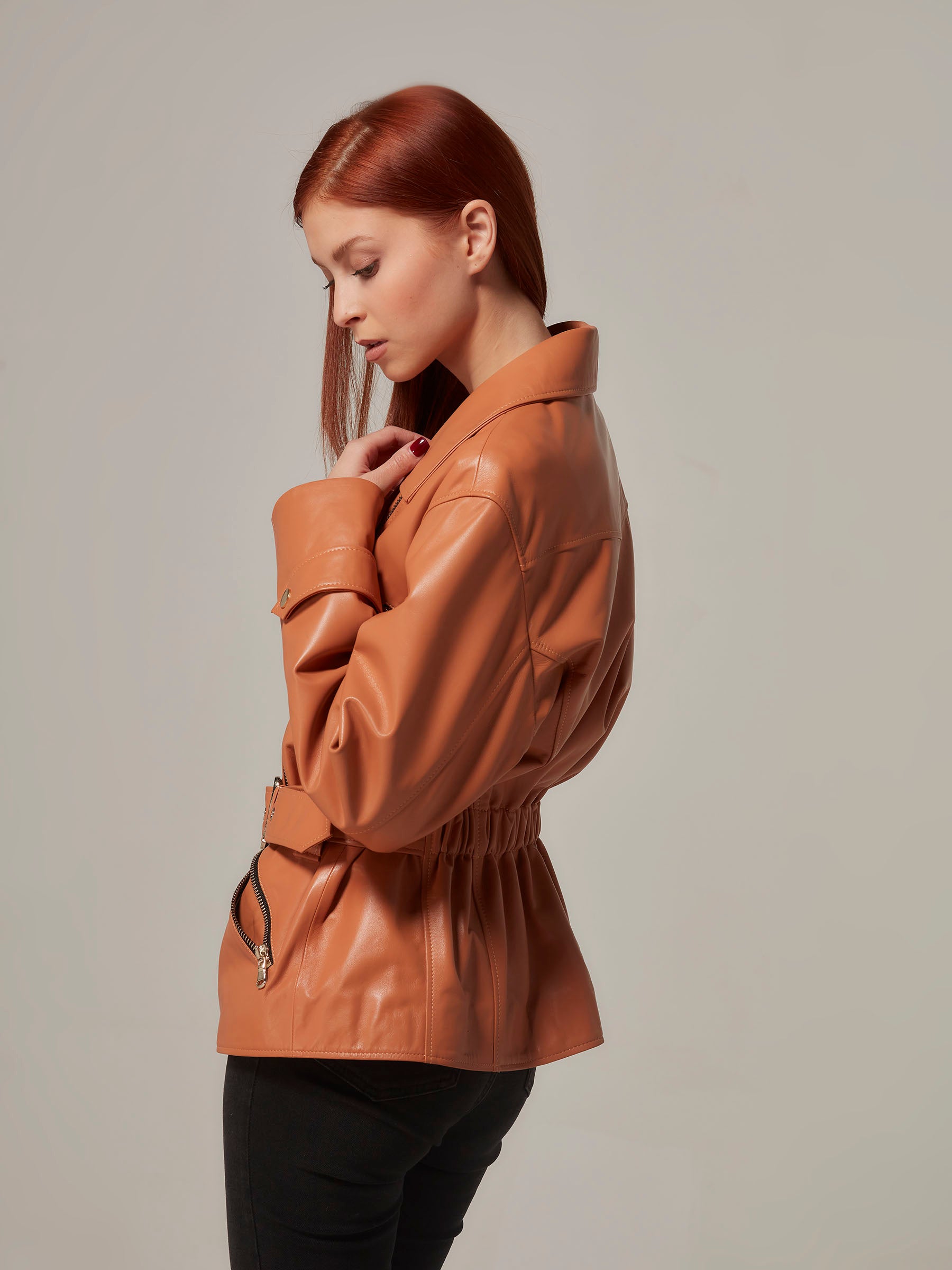 Orange Leather Motorcycle Jacket - Retro Style side close up pose