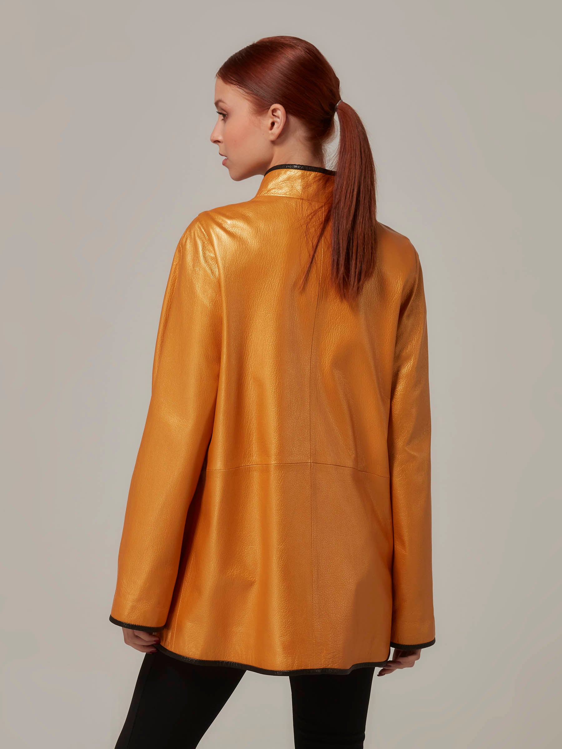 Orange Leather Jacket with Cross Over Collar - Relaxed Fit back pose