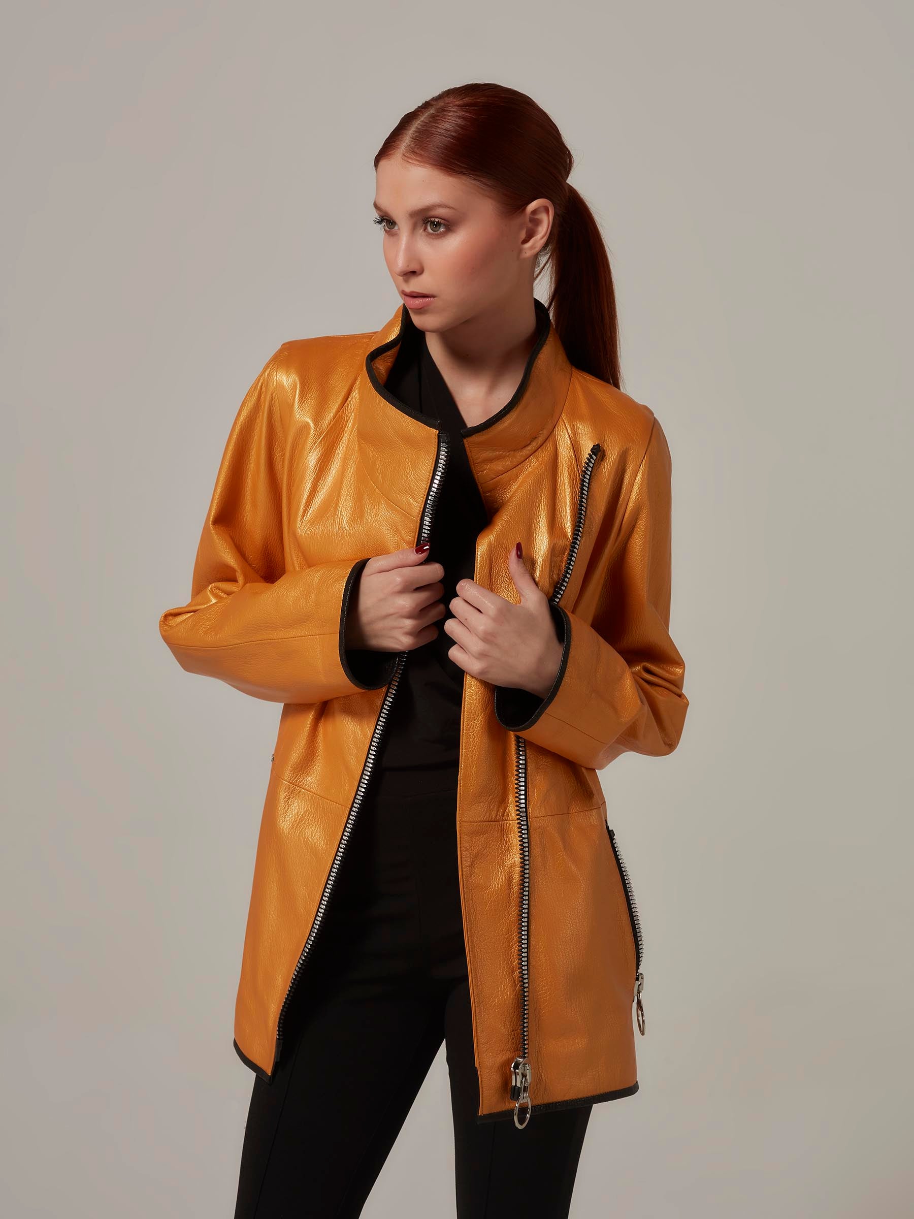 Orange Leather Jacket with Cross Over Collar - Relaxed Fit front pose