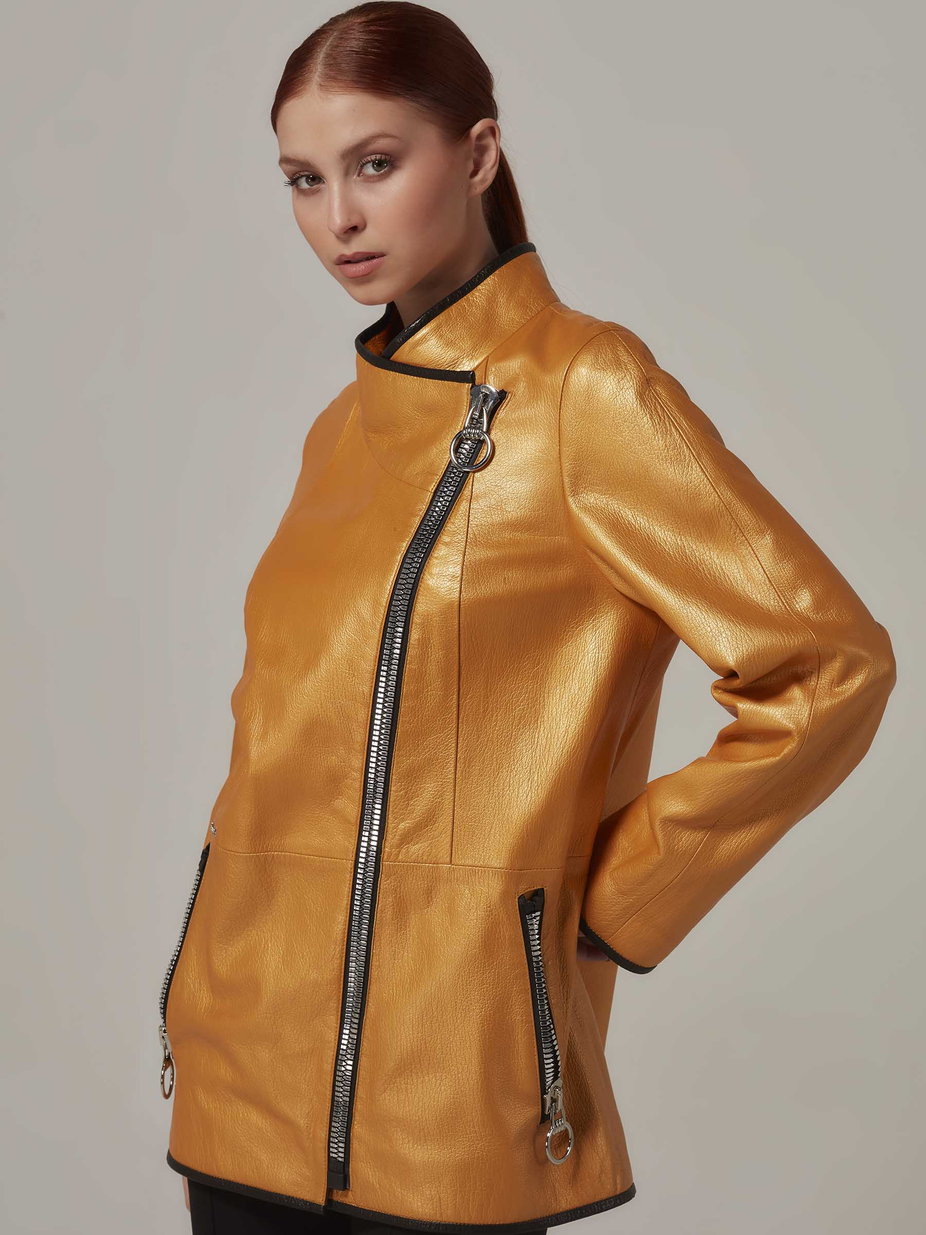 Orange Leather Jacket with Cross Over Collar - Relaxed Fit side view