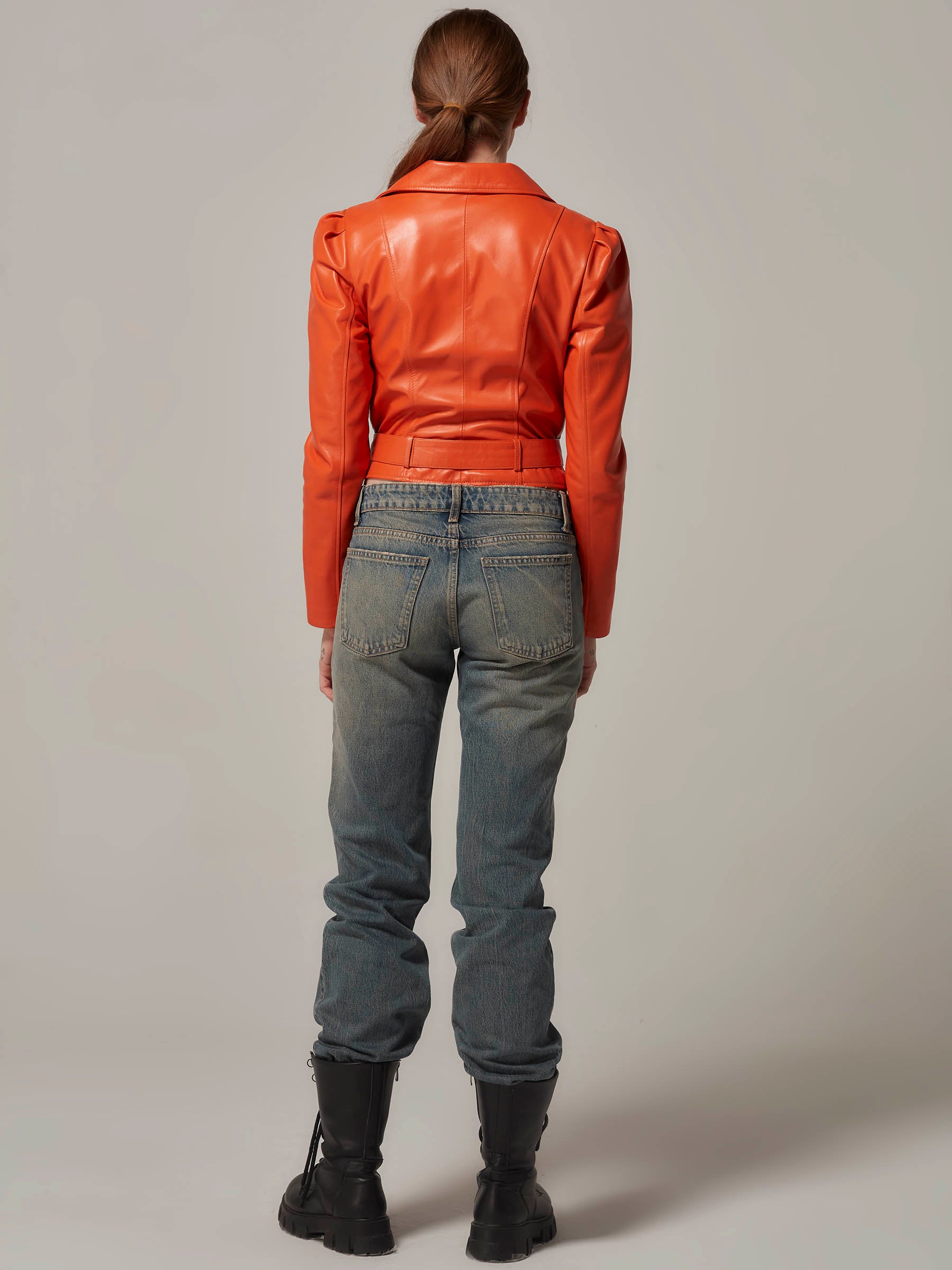 Orange Cropped Leather Motorcycle Jacket with Puffy Shoulders GORGONS