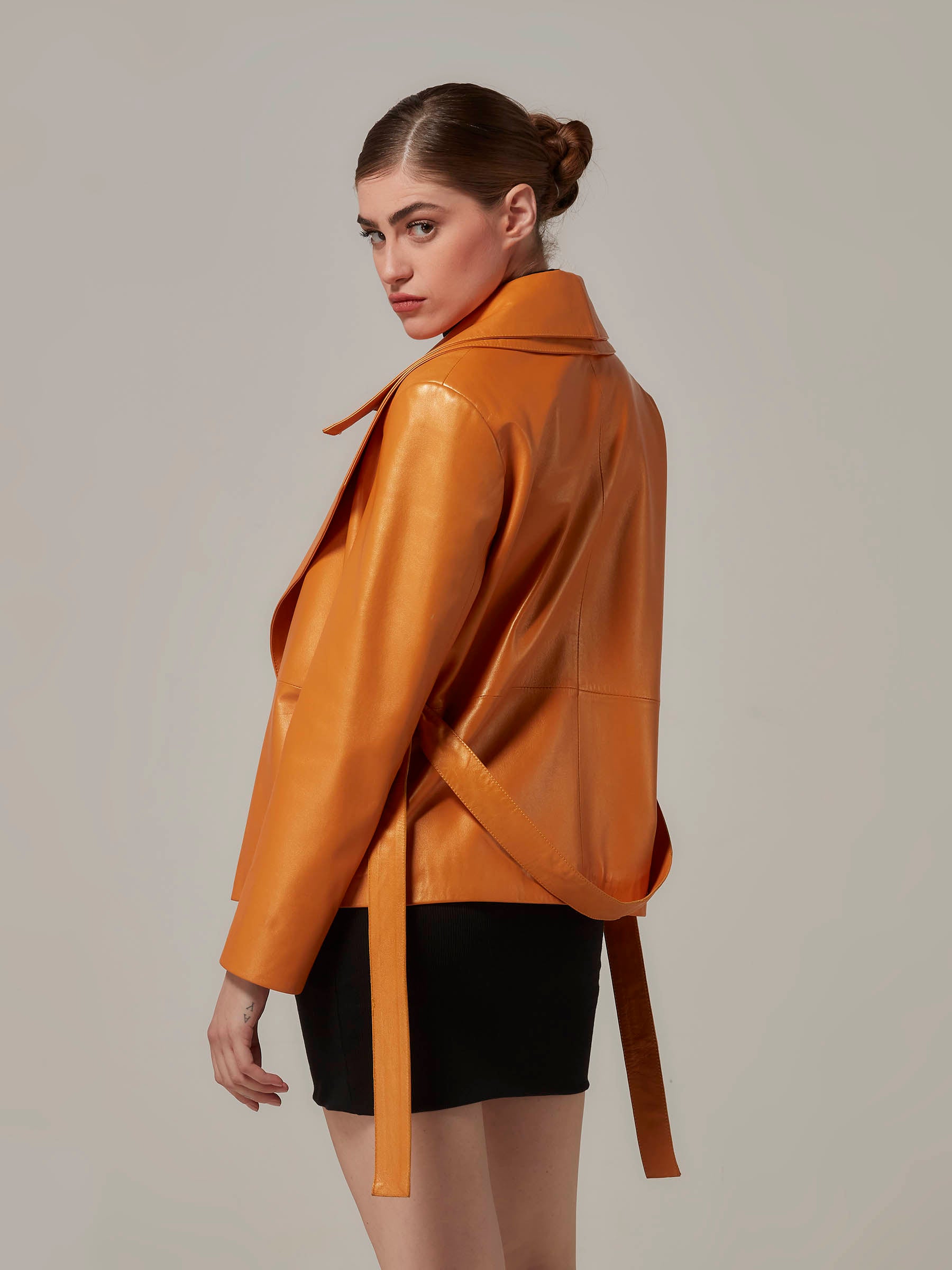 Orange Leather Wrap Jacket Wide Collar