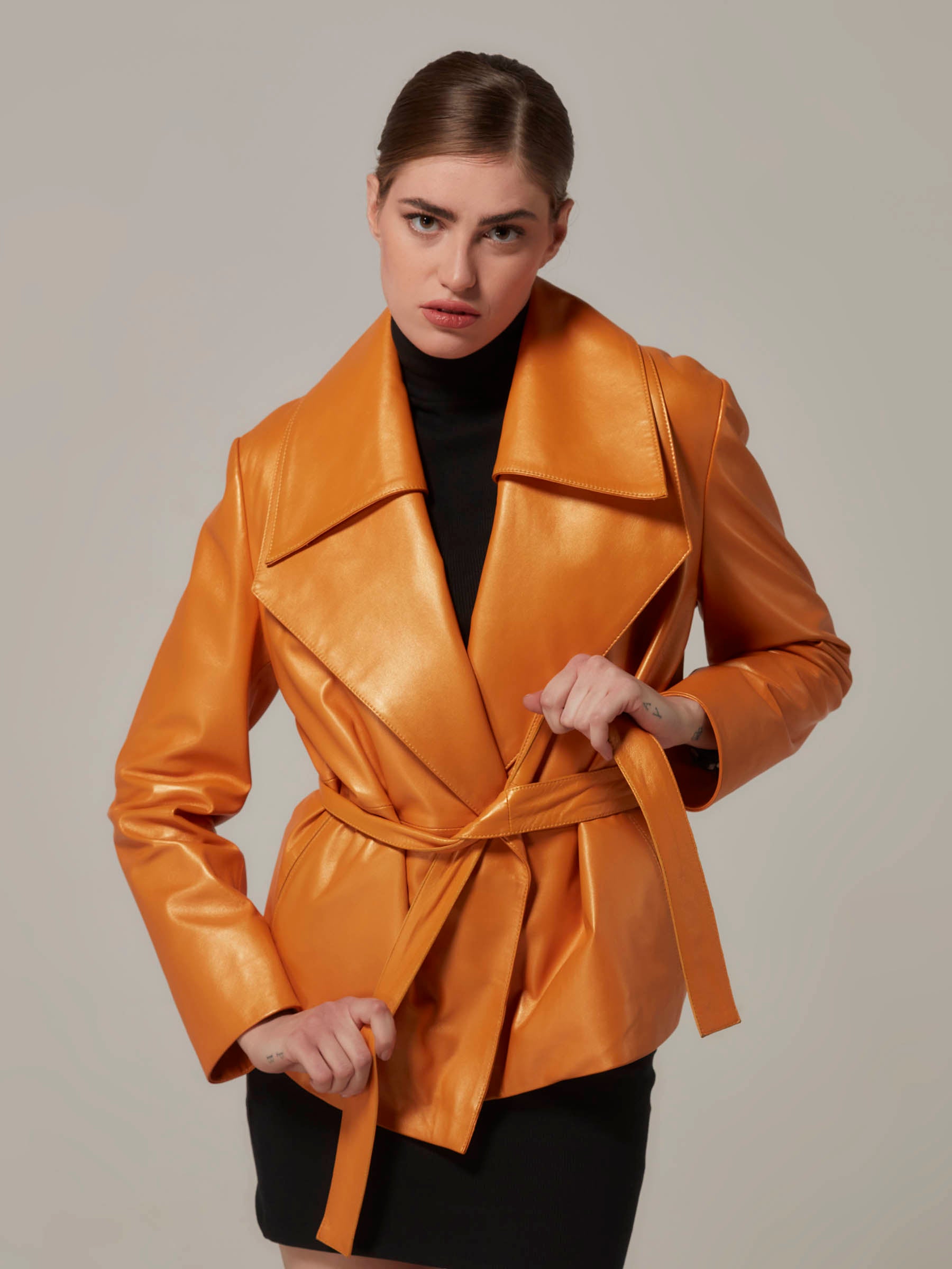 Orange Leather Wrap Jacket Wide Collar GORGONS