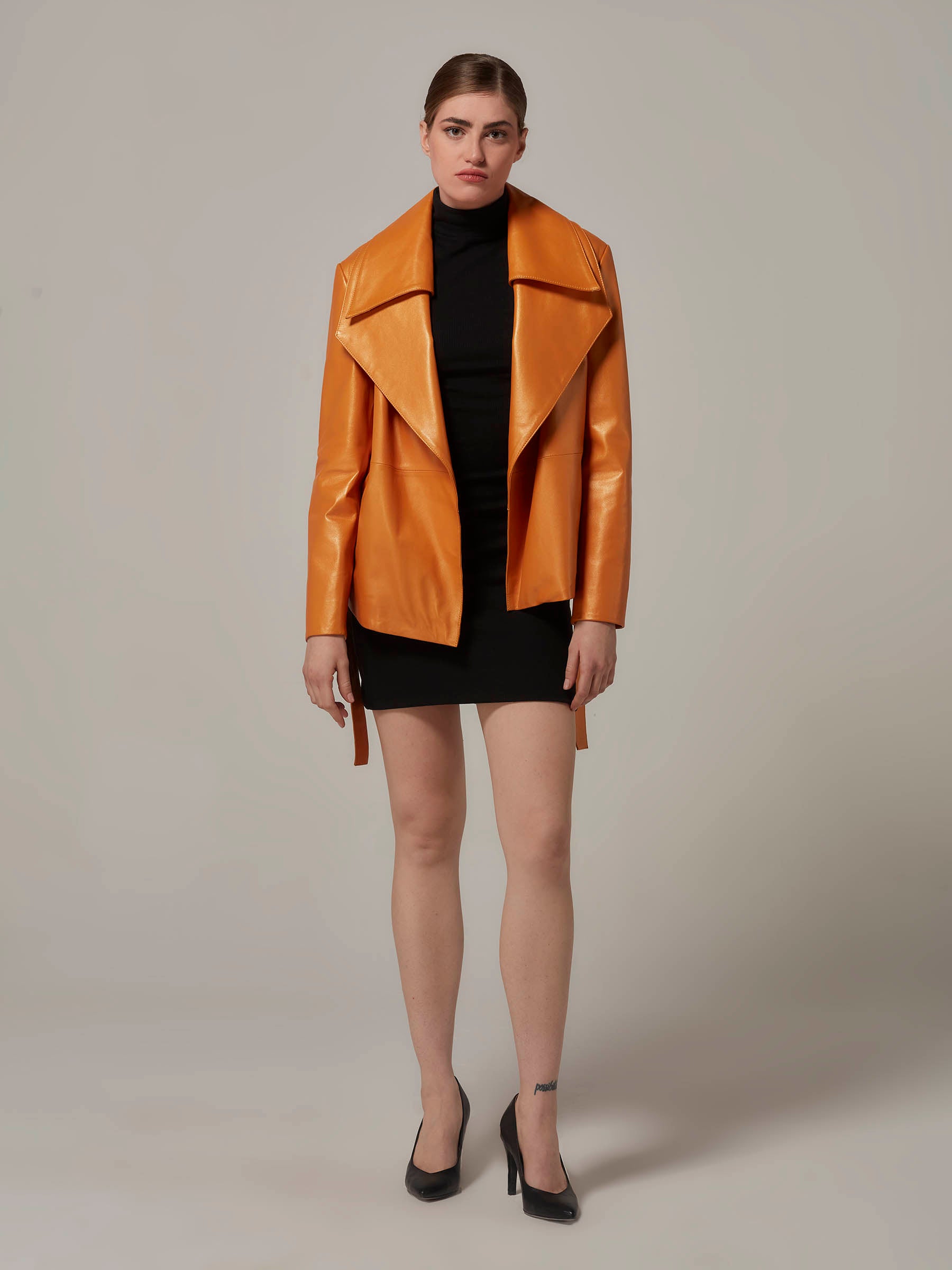 Orange Leather Wrap Jacket Wide Collar