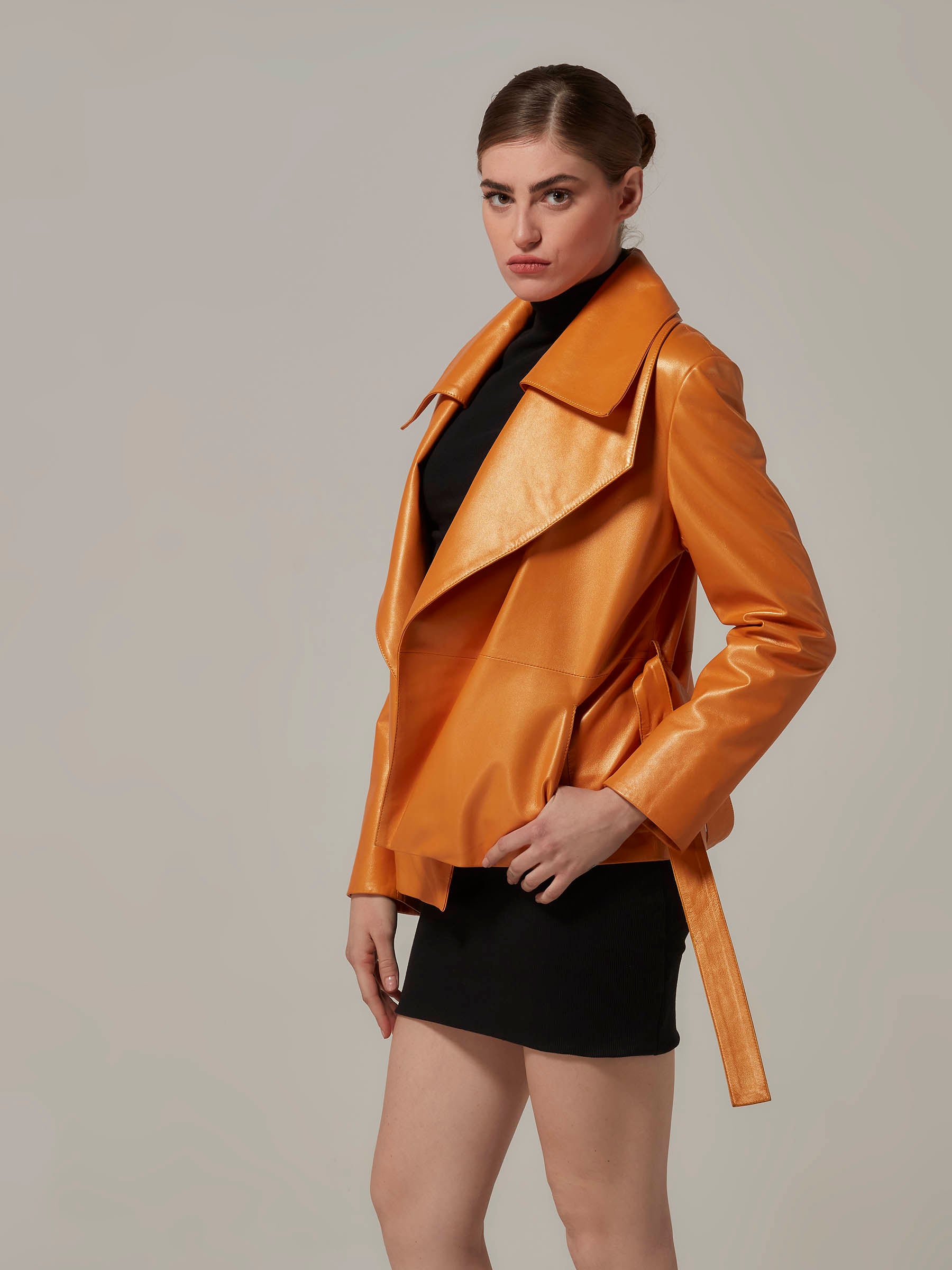 Orange Leather Wrap Jacket Wide Collar