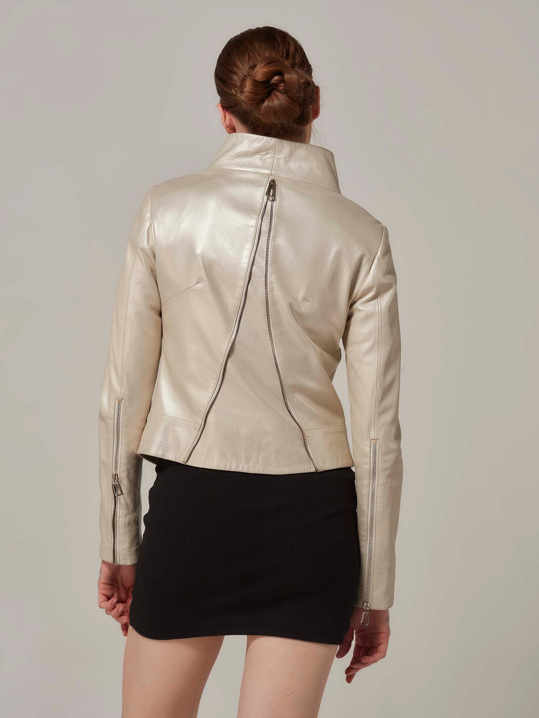 Pearl Color Leather Jacket with Cross Over Collar