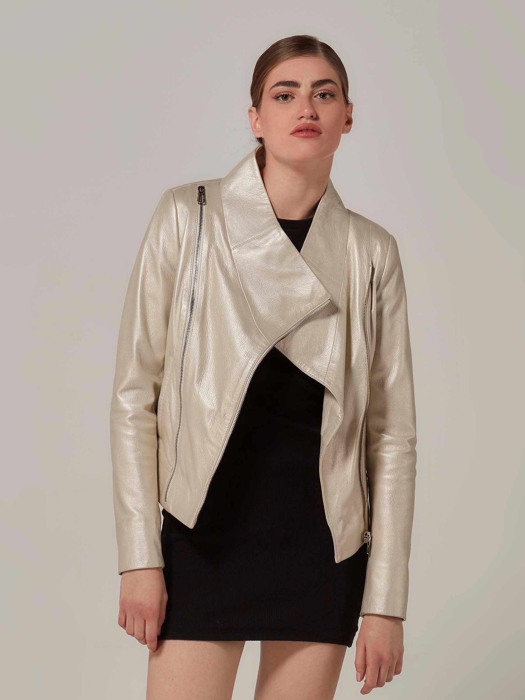 Pearl Color Leather Jacket with Cross Over Collar