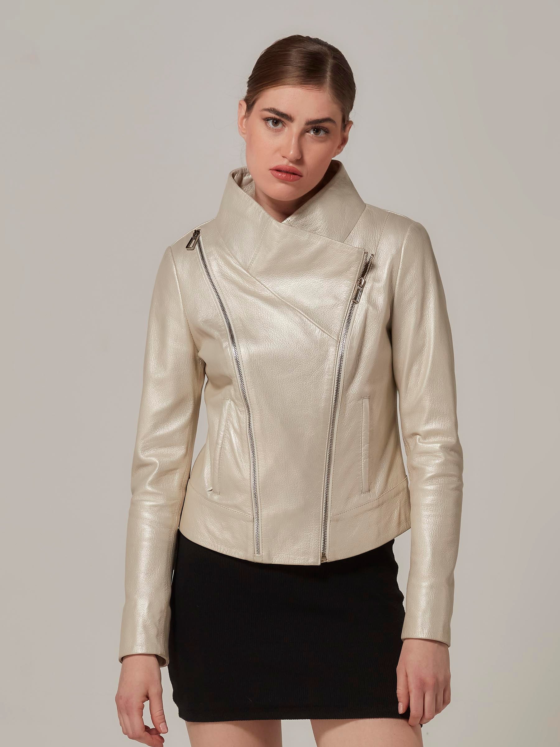 Pearl Color Leather Jacket with Cross Over Collar