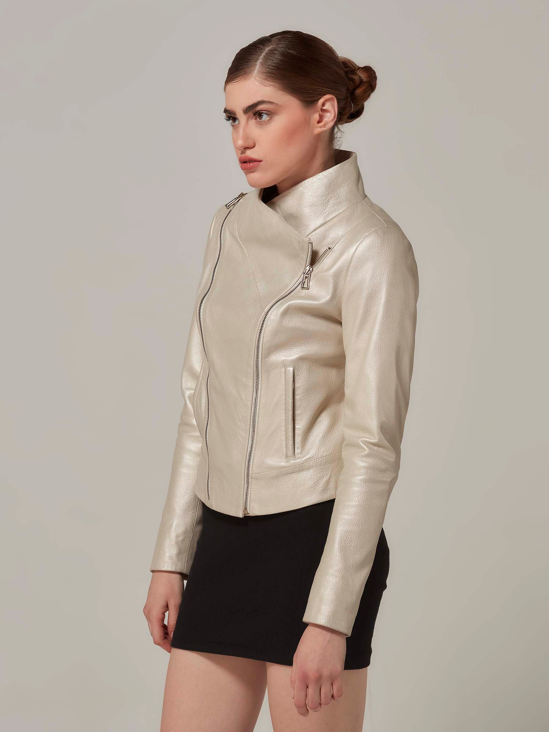 Pearl Color Leather Jacket with Cross Over Collar