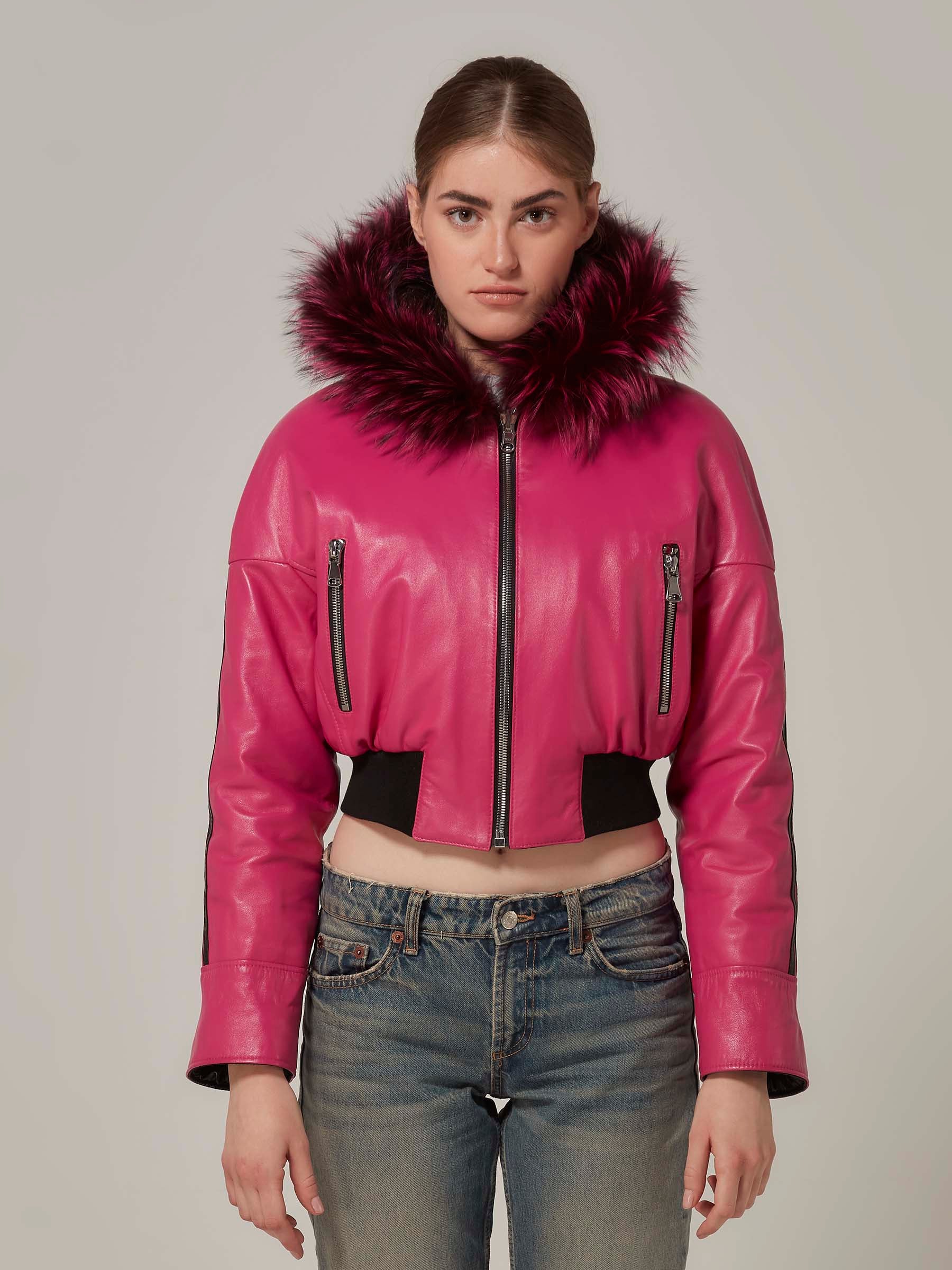 Pink Double Sided Cropped Leather Puffer Jacket