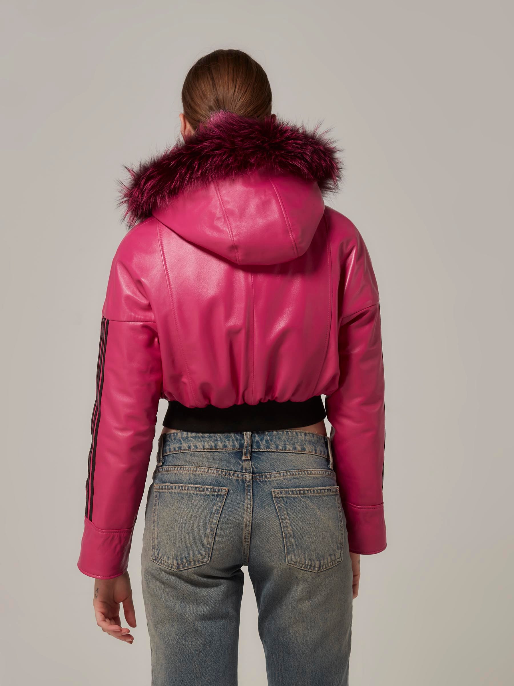 Pink Double Sided Cropped Leather Puffer Jacket