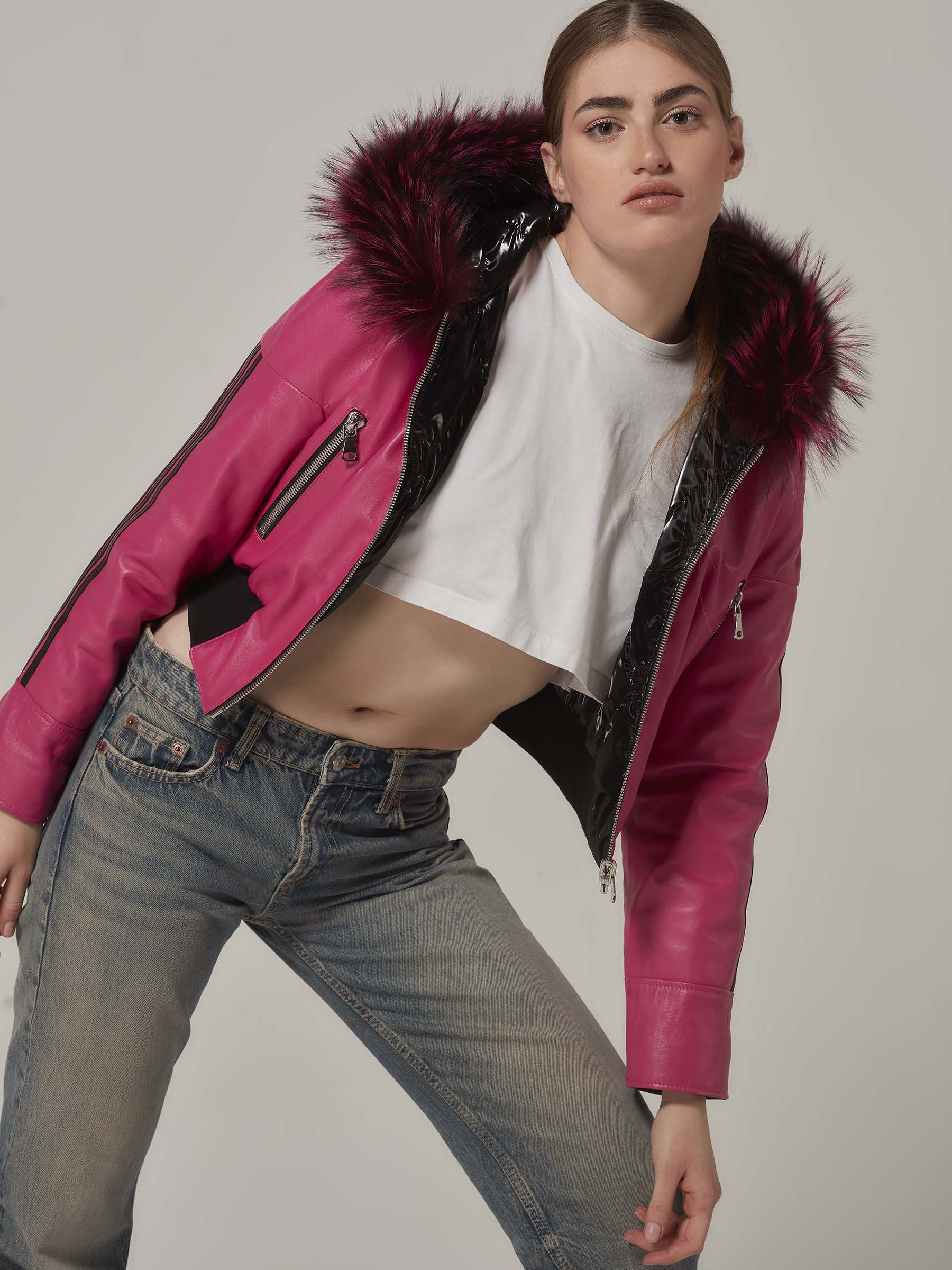 Pink Double Sided Cropped Leather Puffer Jacket