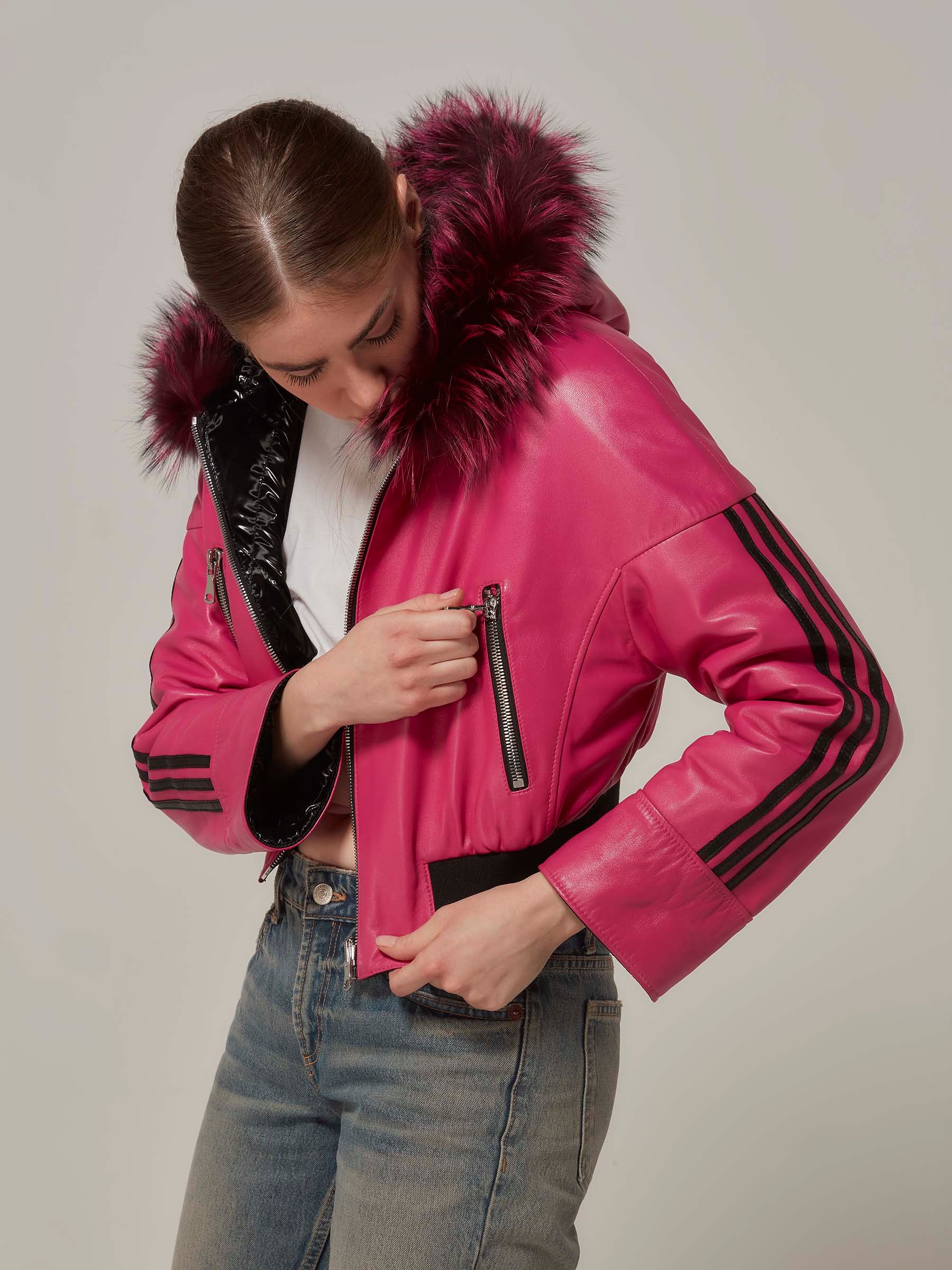 Pink Double Sided Cropped Leather Puffer Jacket