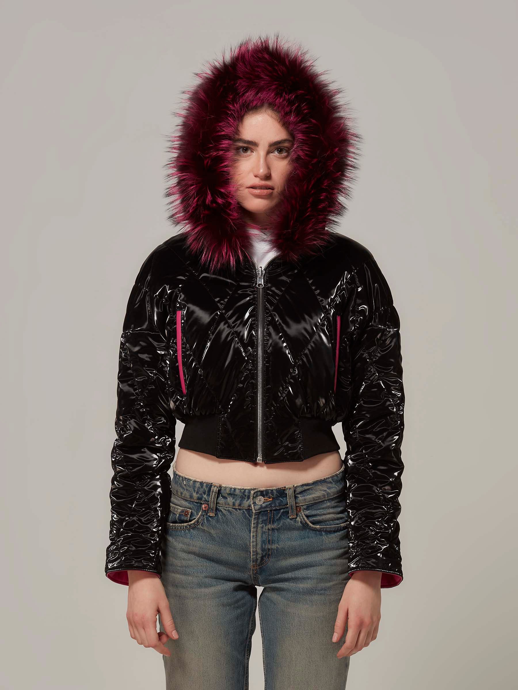 Pink Double Sided Cropped Leather Puffer Jacket