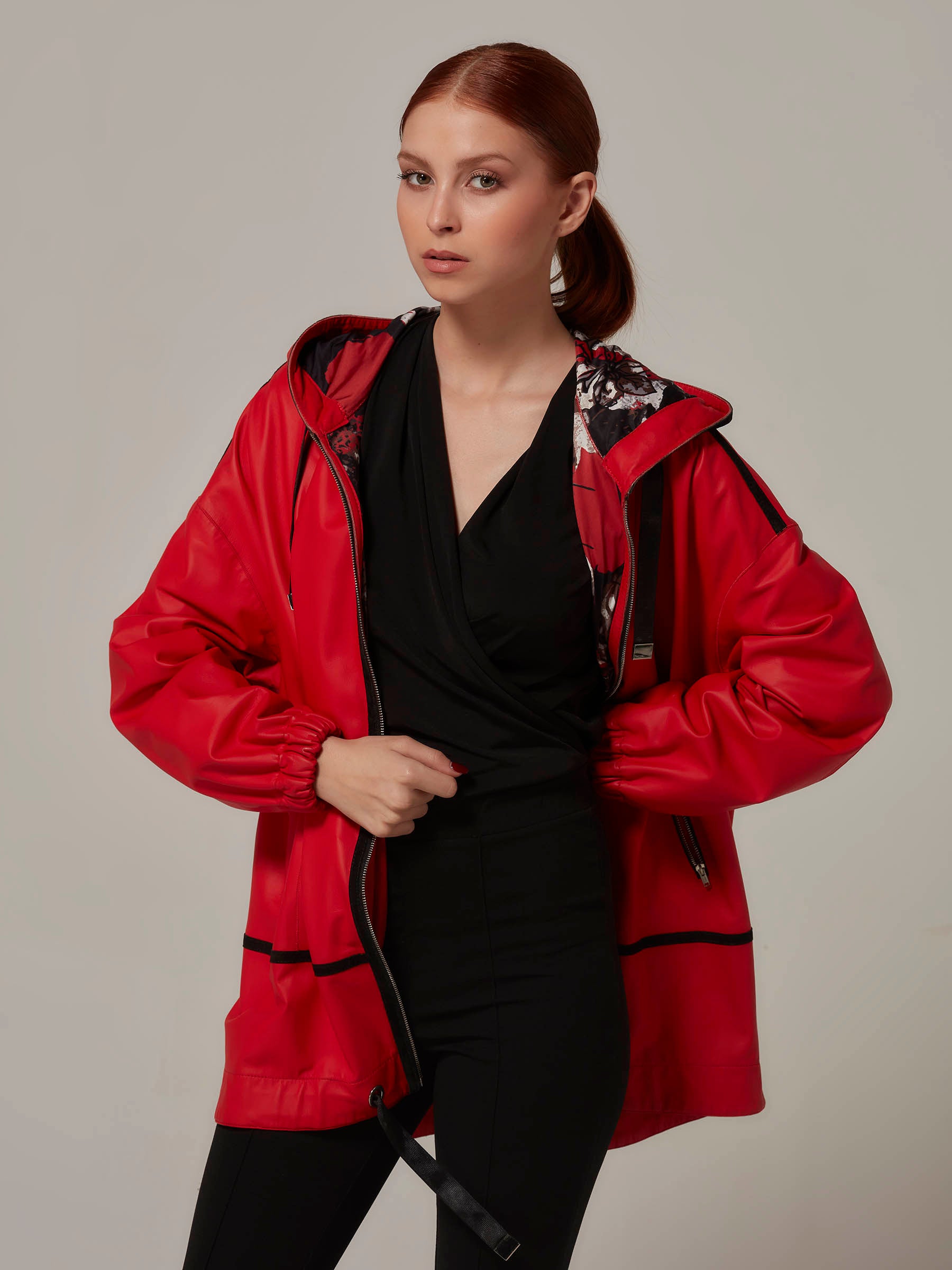 Red Double Sided Leather Jacket with Hood