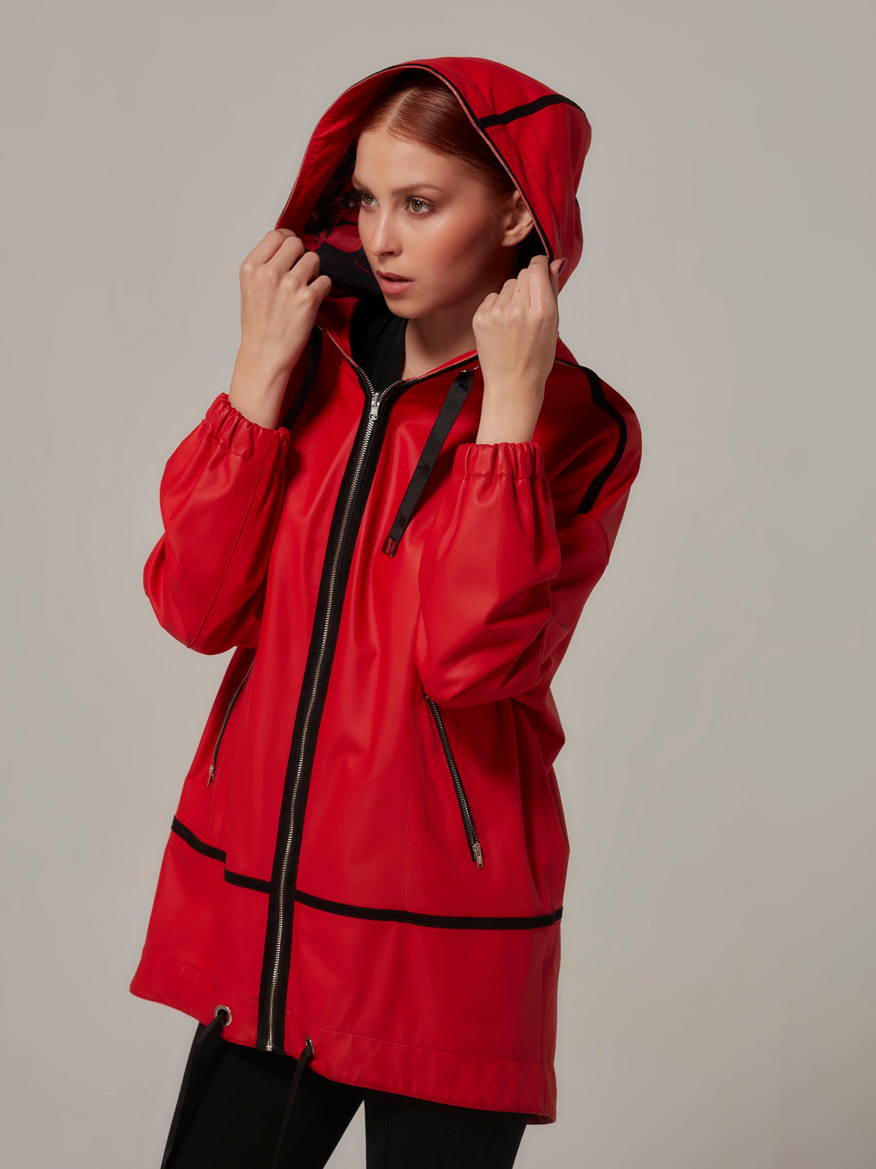 Red Double Sided Leather Jacket with Hood