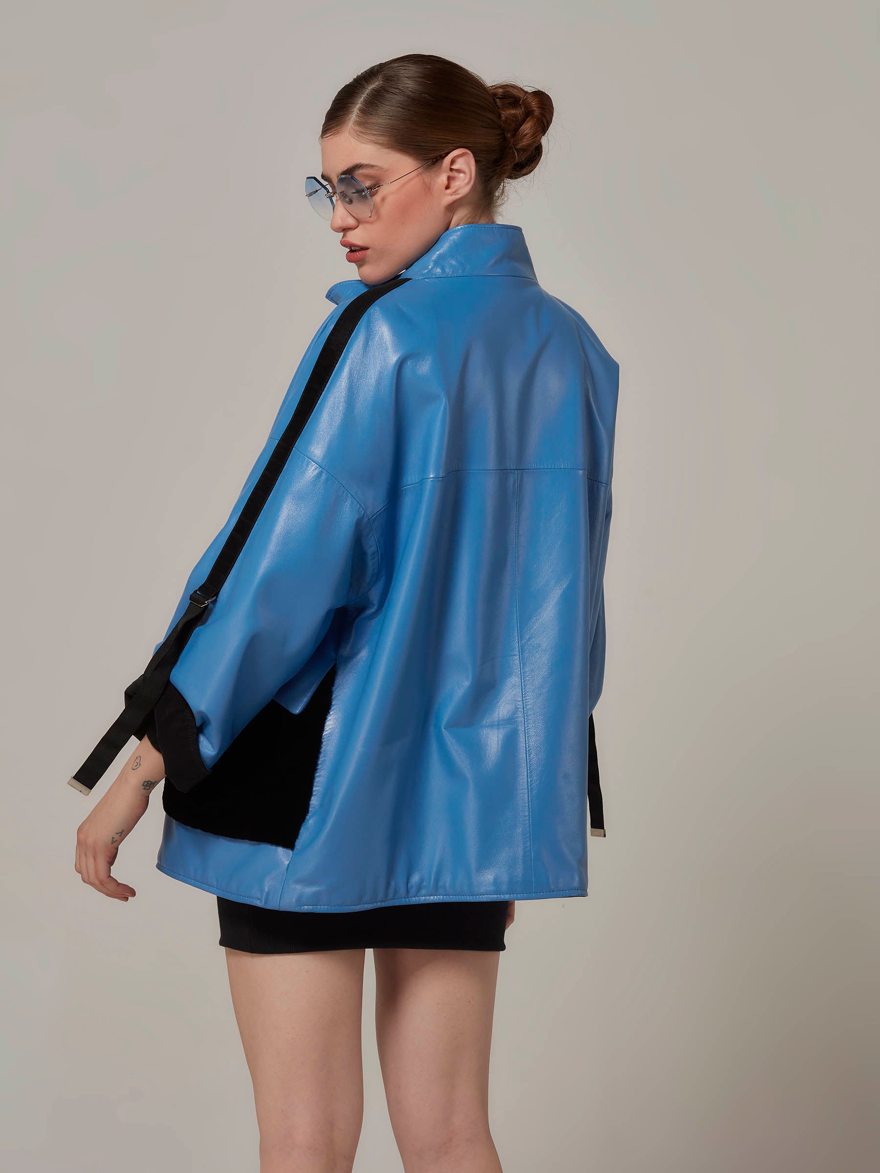 Blue Double Sided Reversible Leather Jacket with Rex Fur Pockets back pose