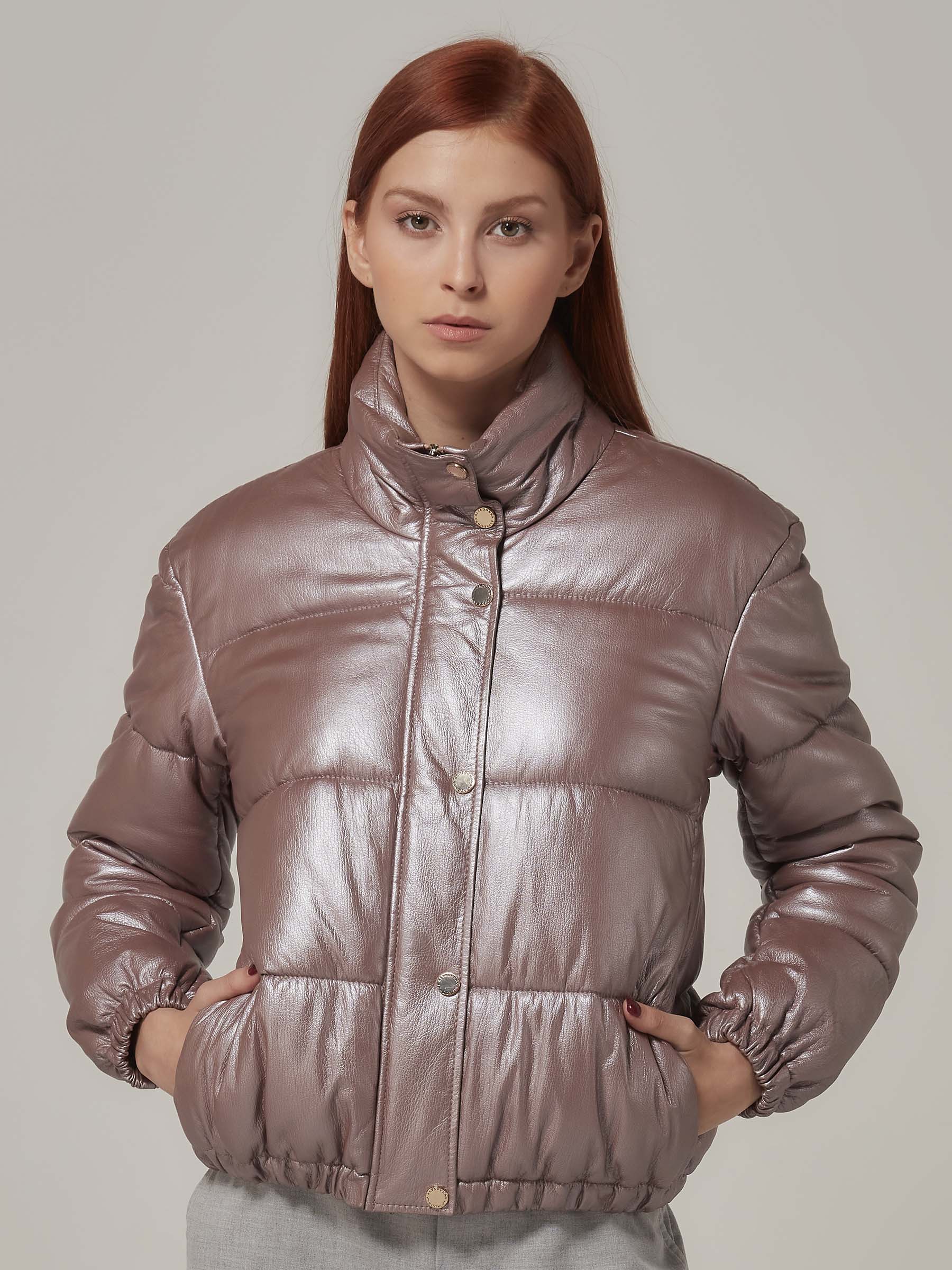 Rose Gold Leather Puffer Jacket