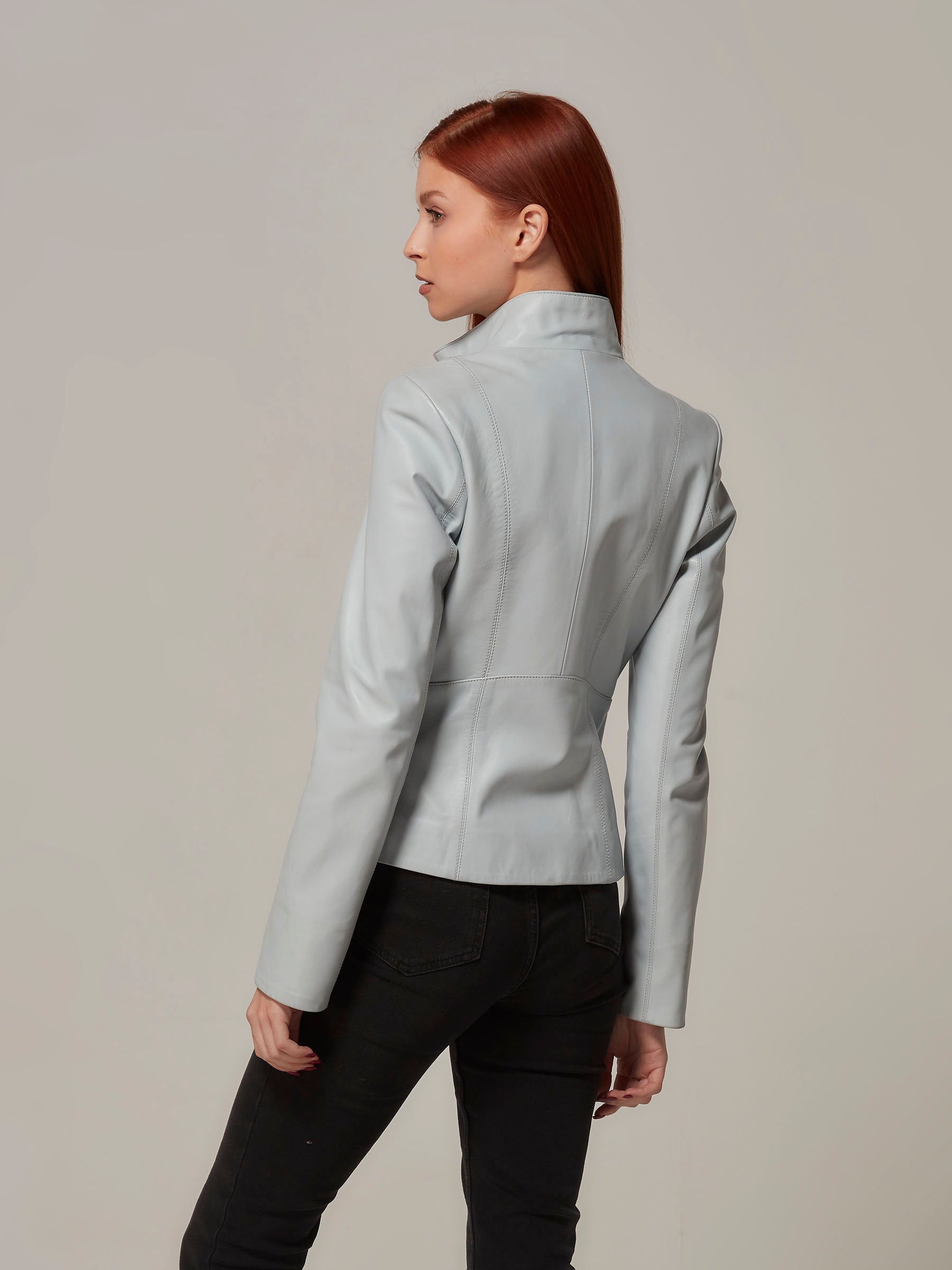 Powder Blue Leather Biker Jacket