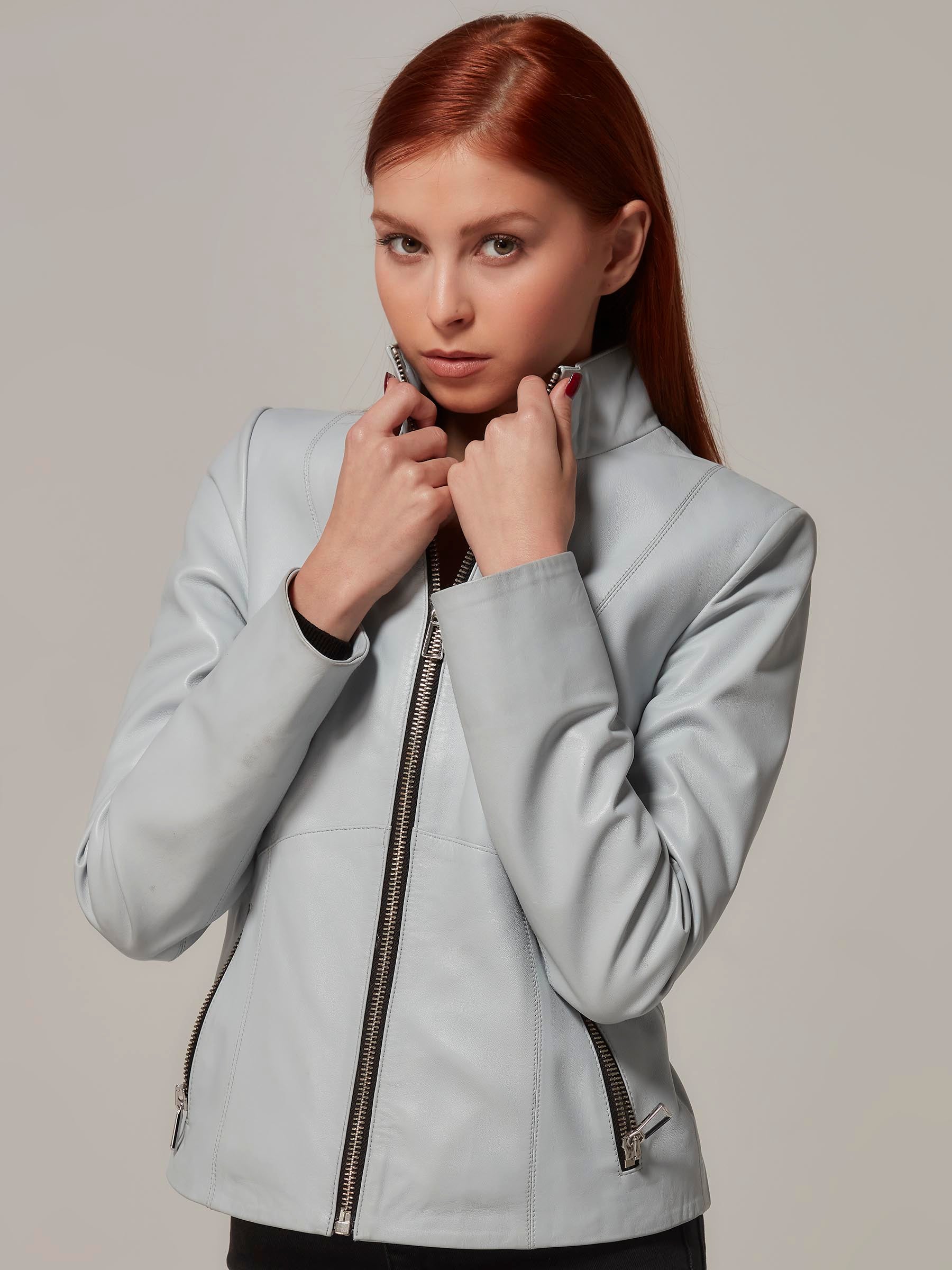 Powder Blue Leather Biker Jacket