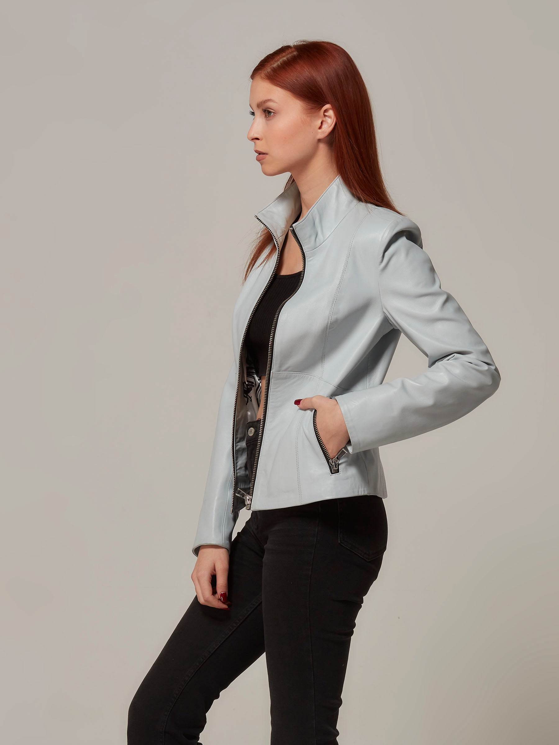 Powder Blue Leather Biker Jacket