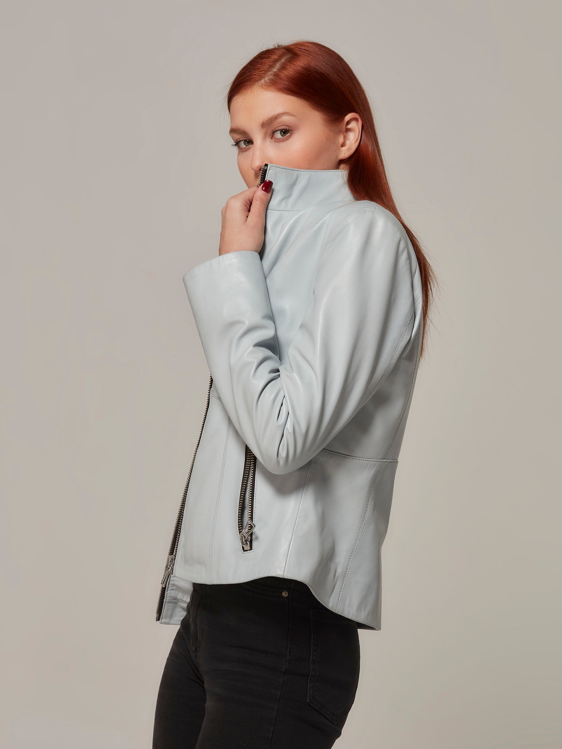 Powder Blue Leather Biker Jacket