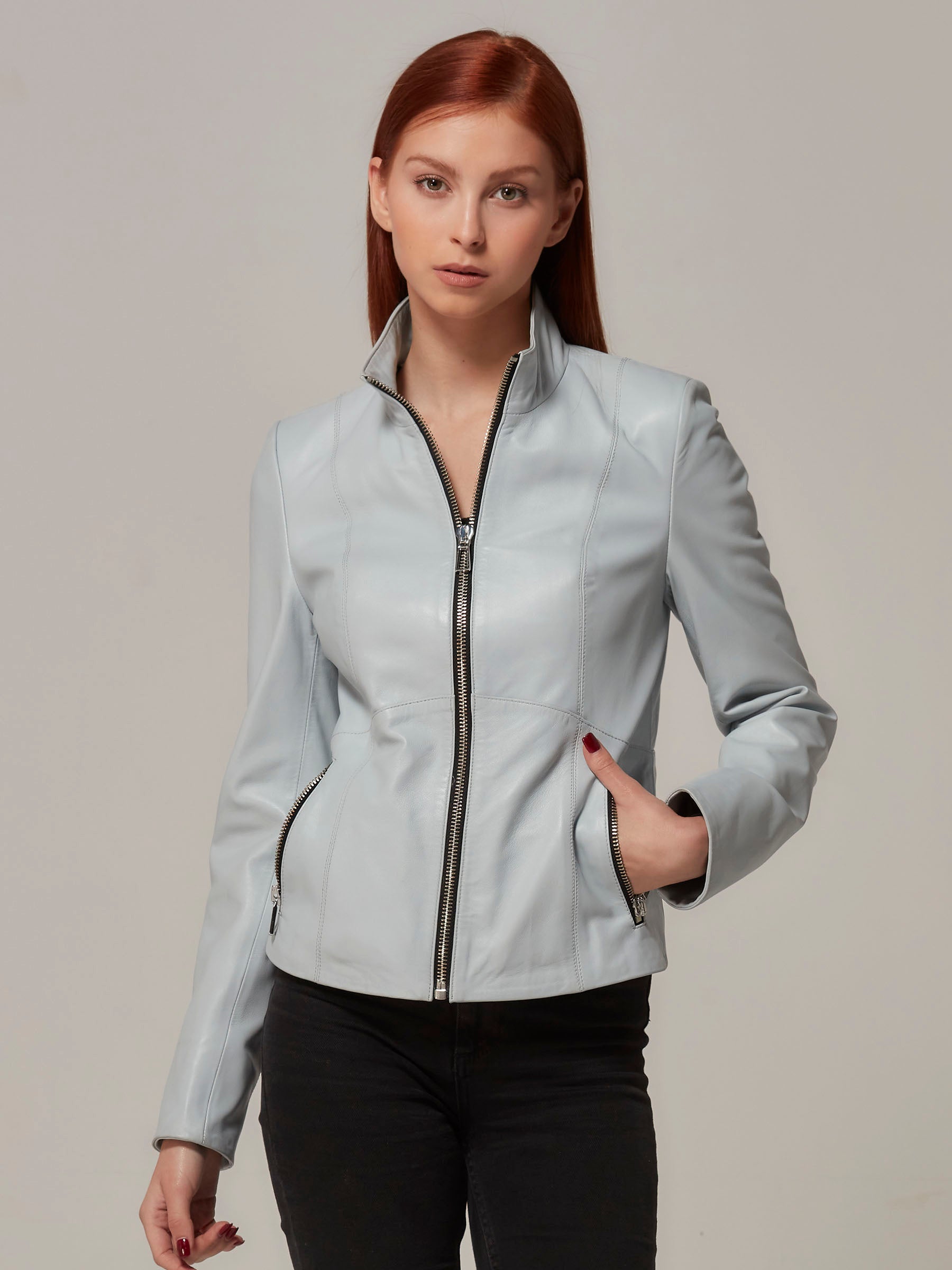 Powder Blue Leather Biker Jacket