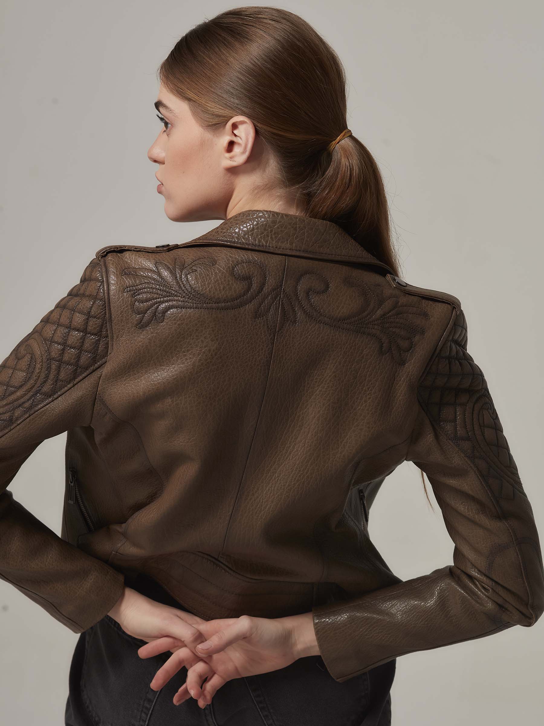 Vintage Brown Leather Jacket with Embroidery and Quilting Details